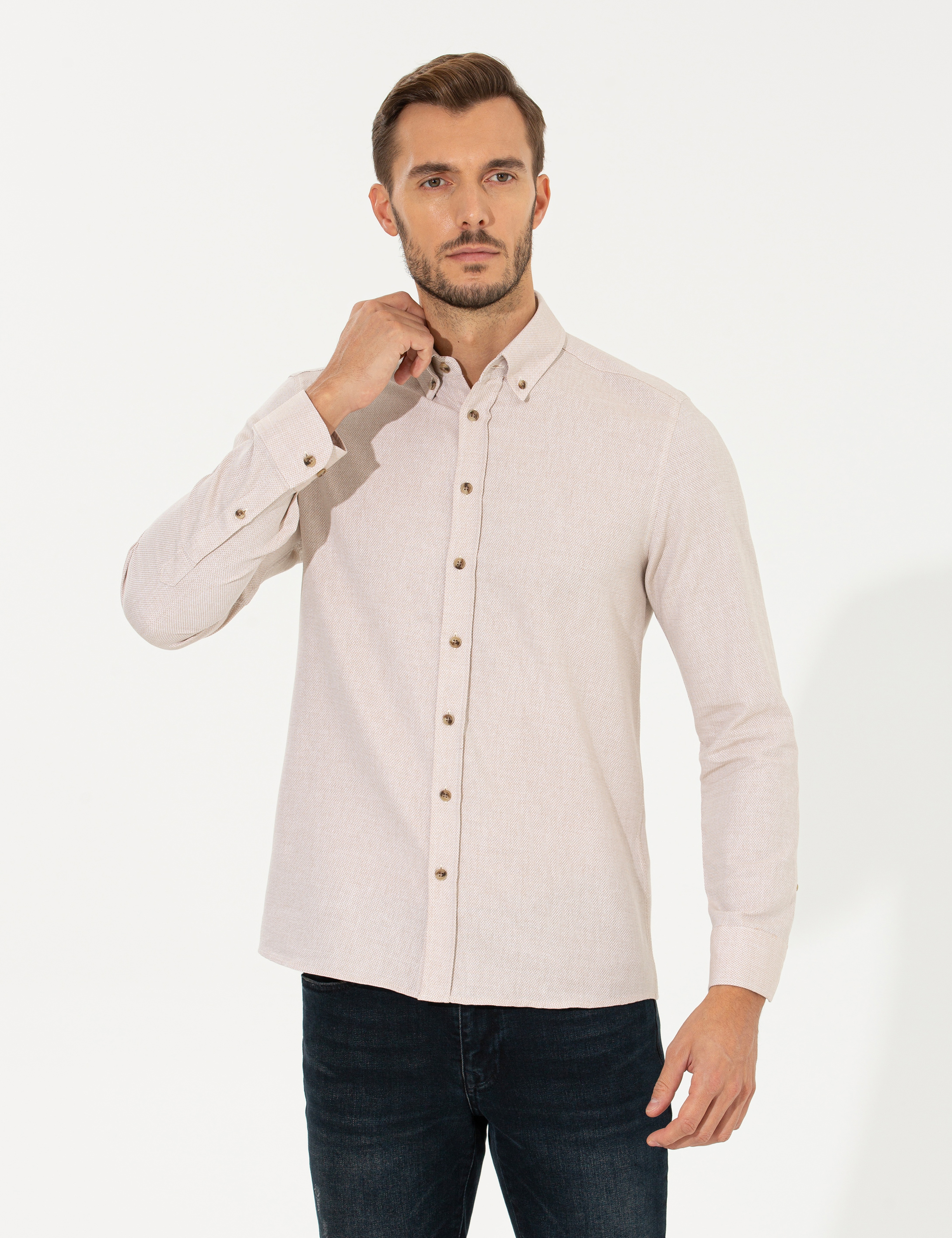 Bej Slim Fit Uzun Kollu Gömlek - Image 2