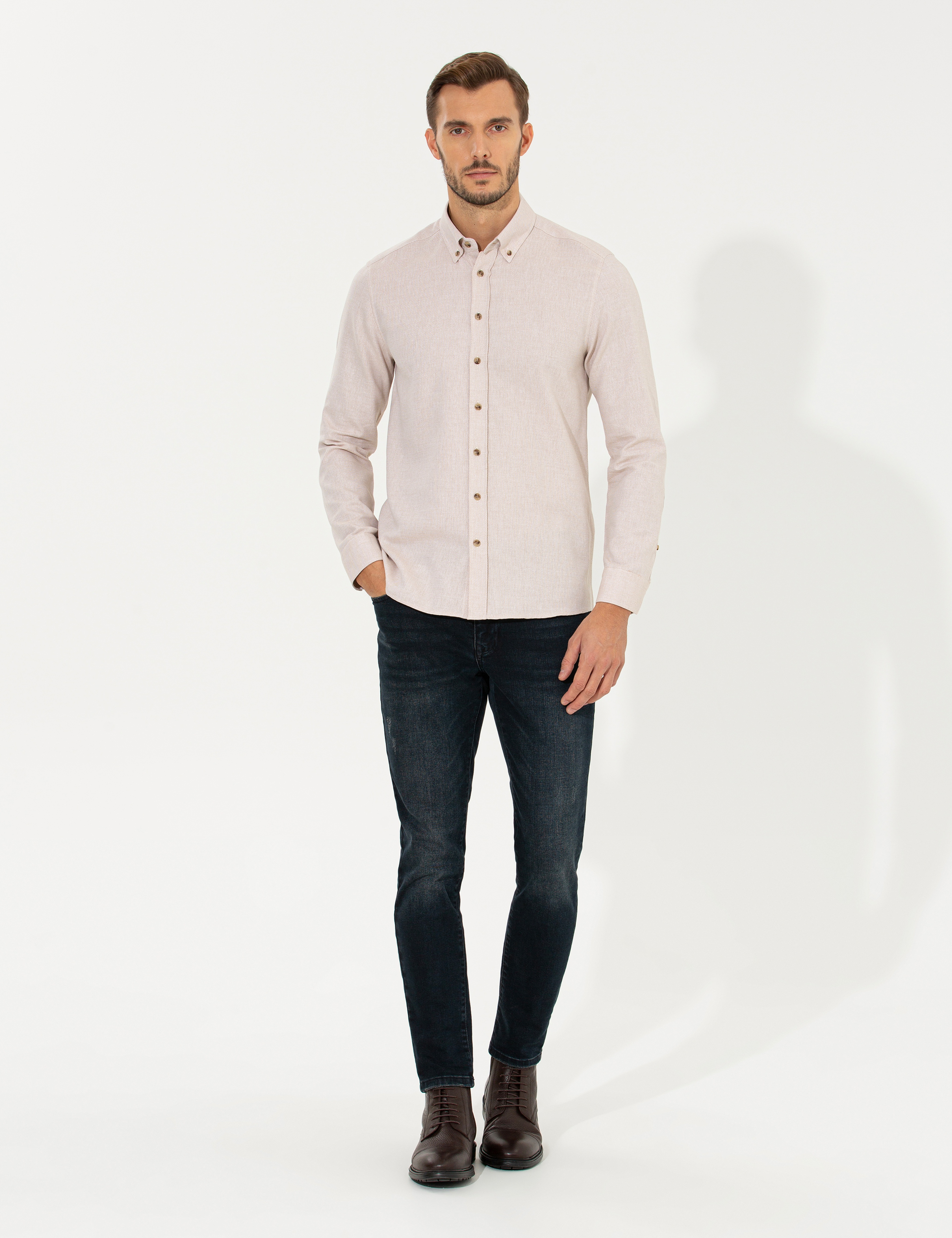Bej Slim Fit Uzun Kollu Gömlek