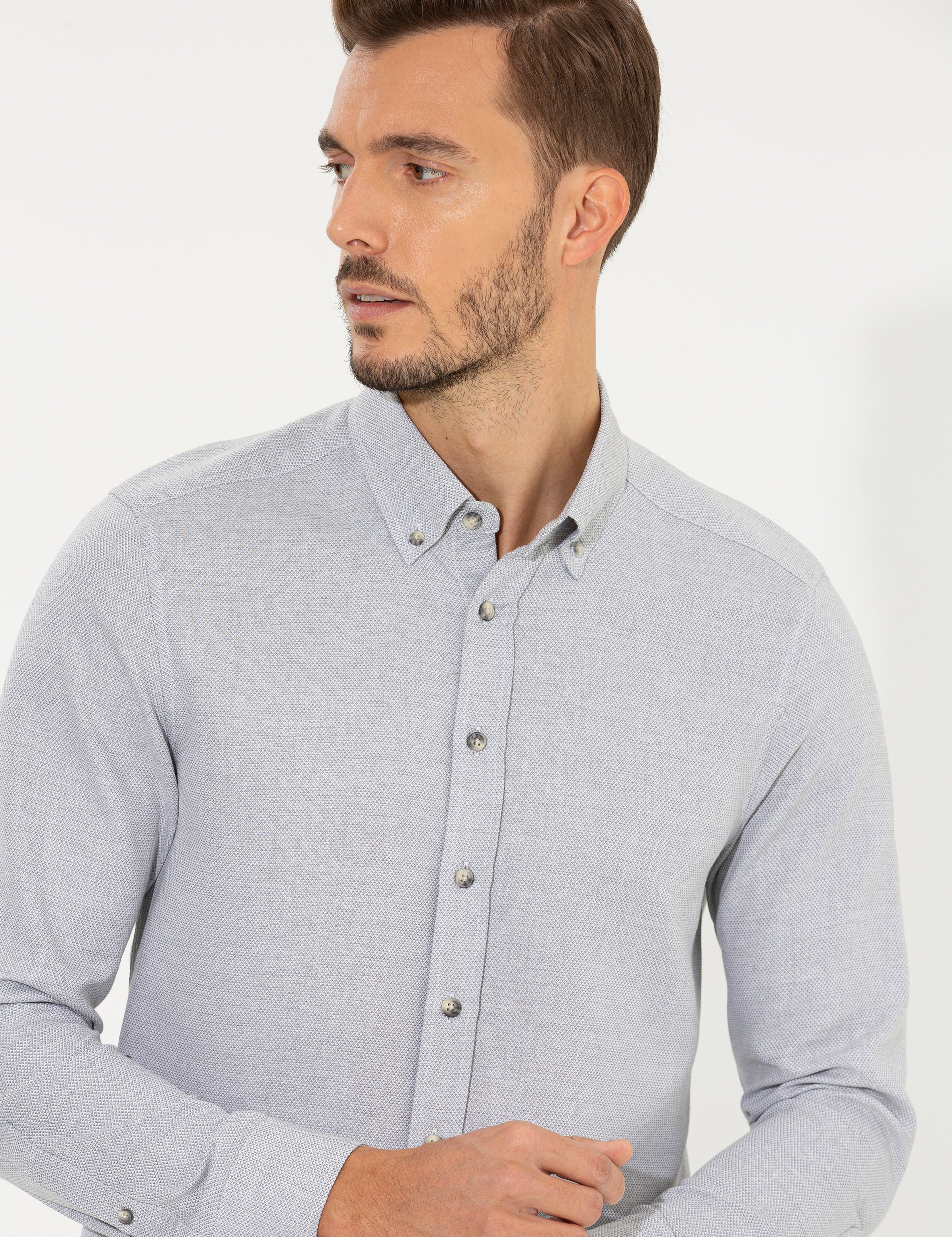 Gri Slim Fit Uzun Kollu Gömlek - Image 2