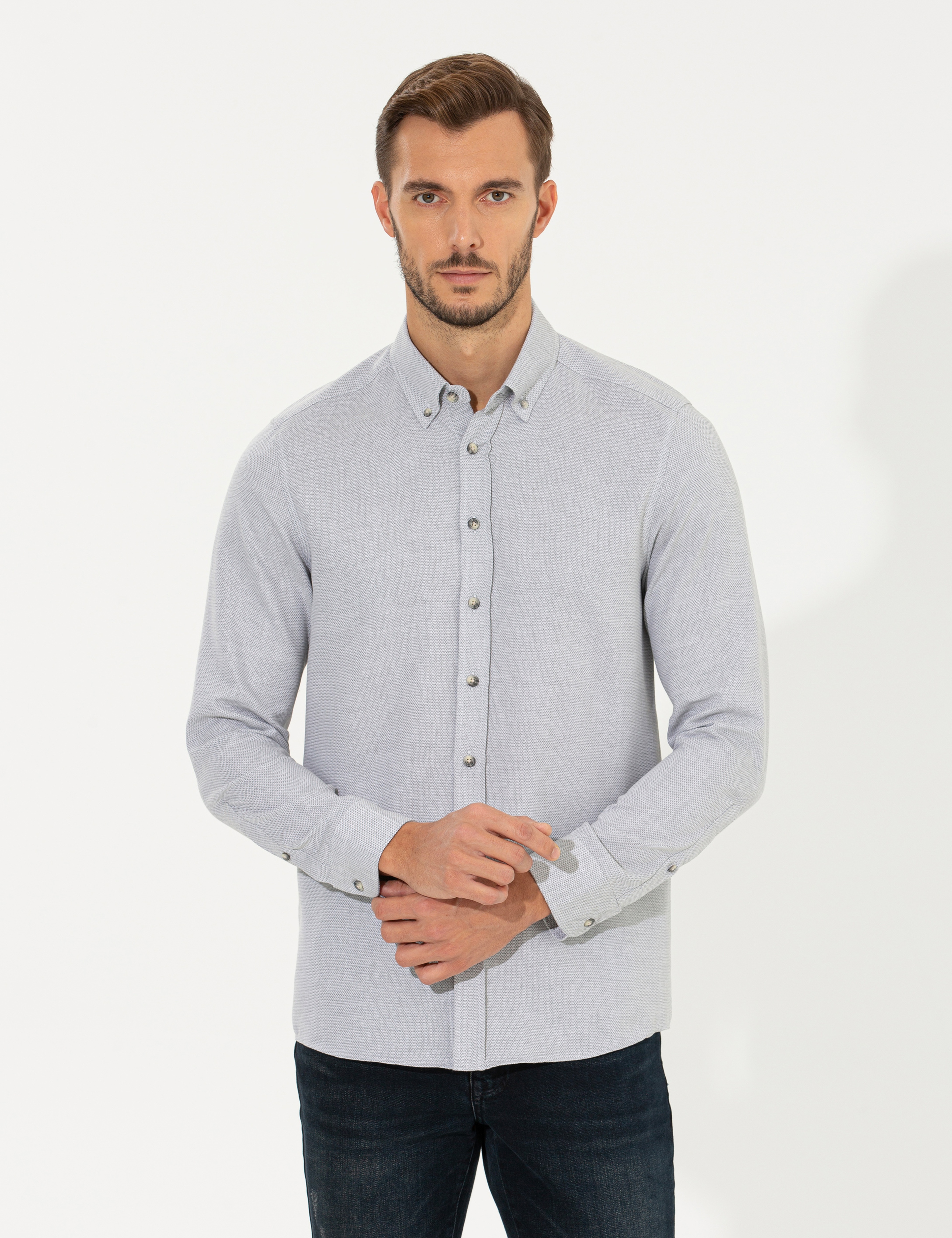 Gri Slim Fit Uzun Kollu Gömlek - Image 3