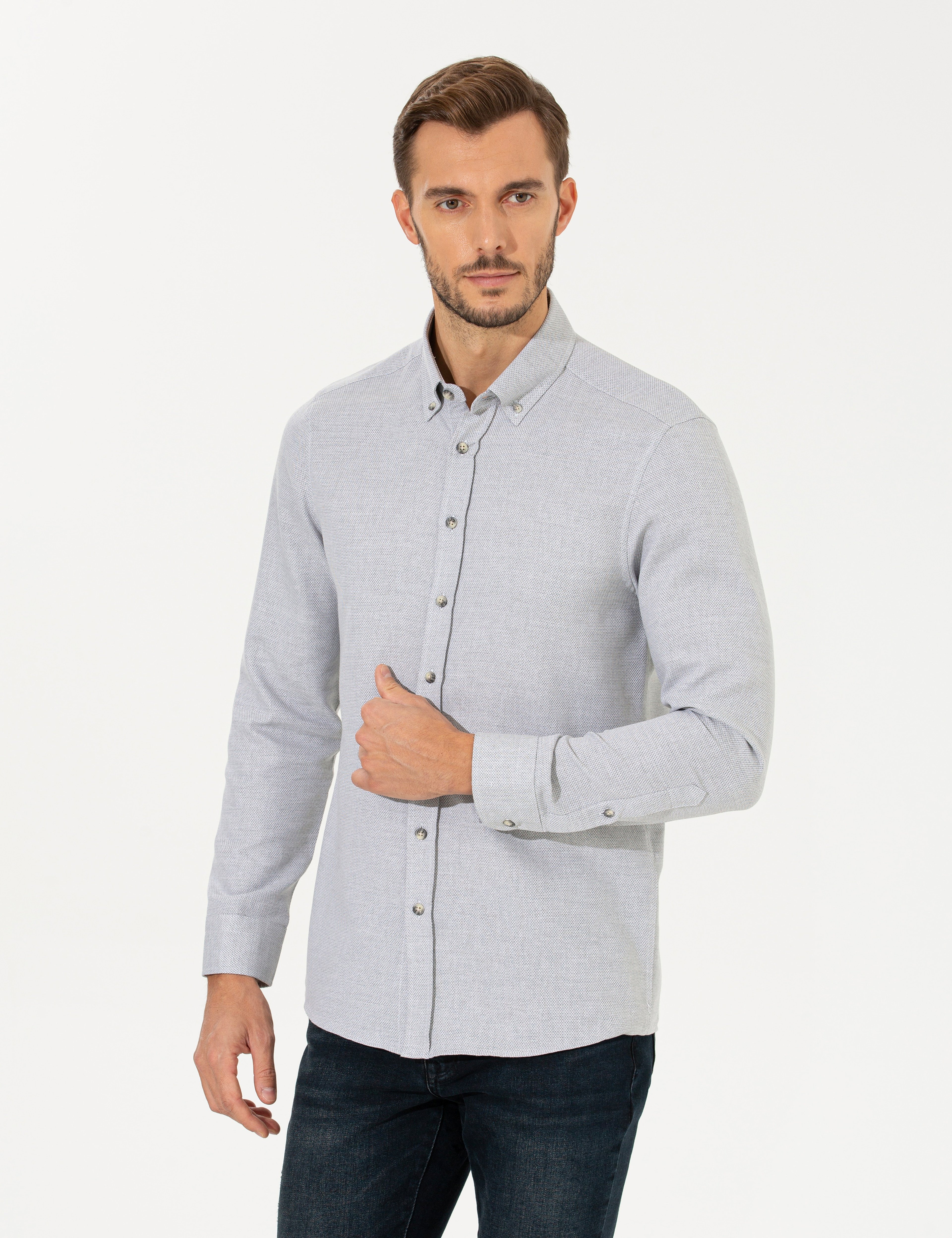 Gri Slim Fit Uzun Kollu Gömlek