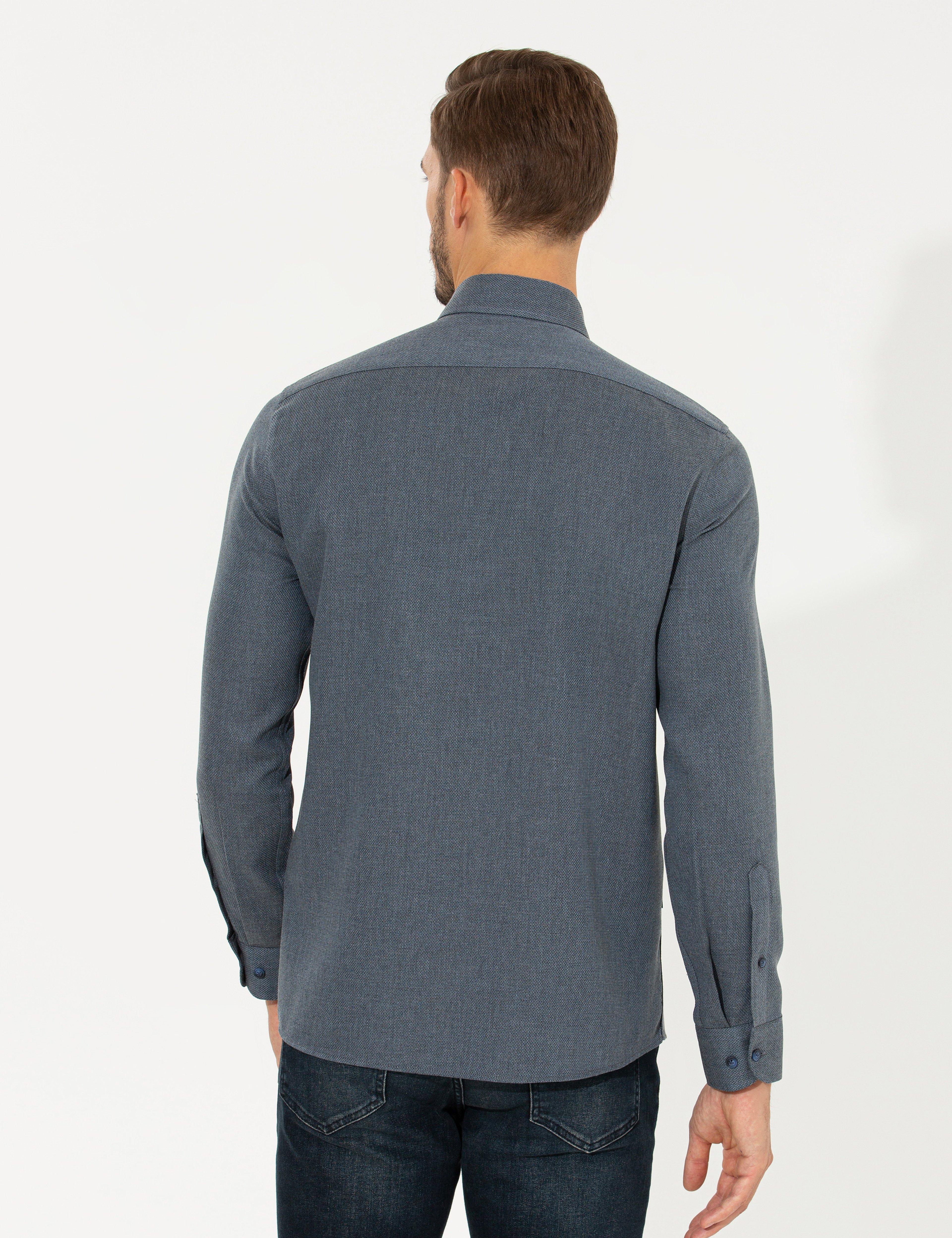 Lacivert Slim Fit Uzun Kollu Gömlek - Image 5