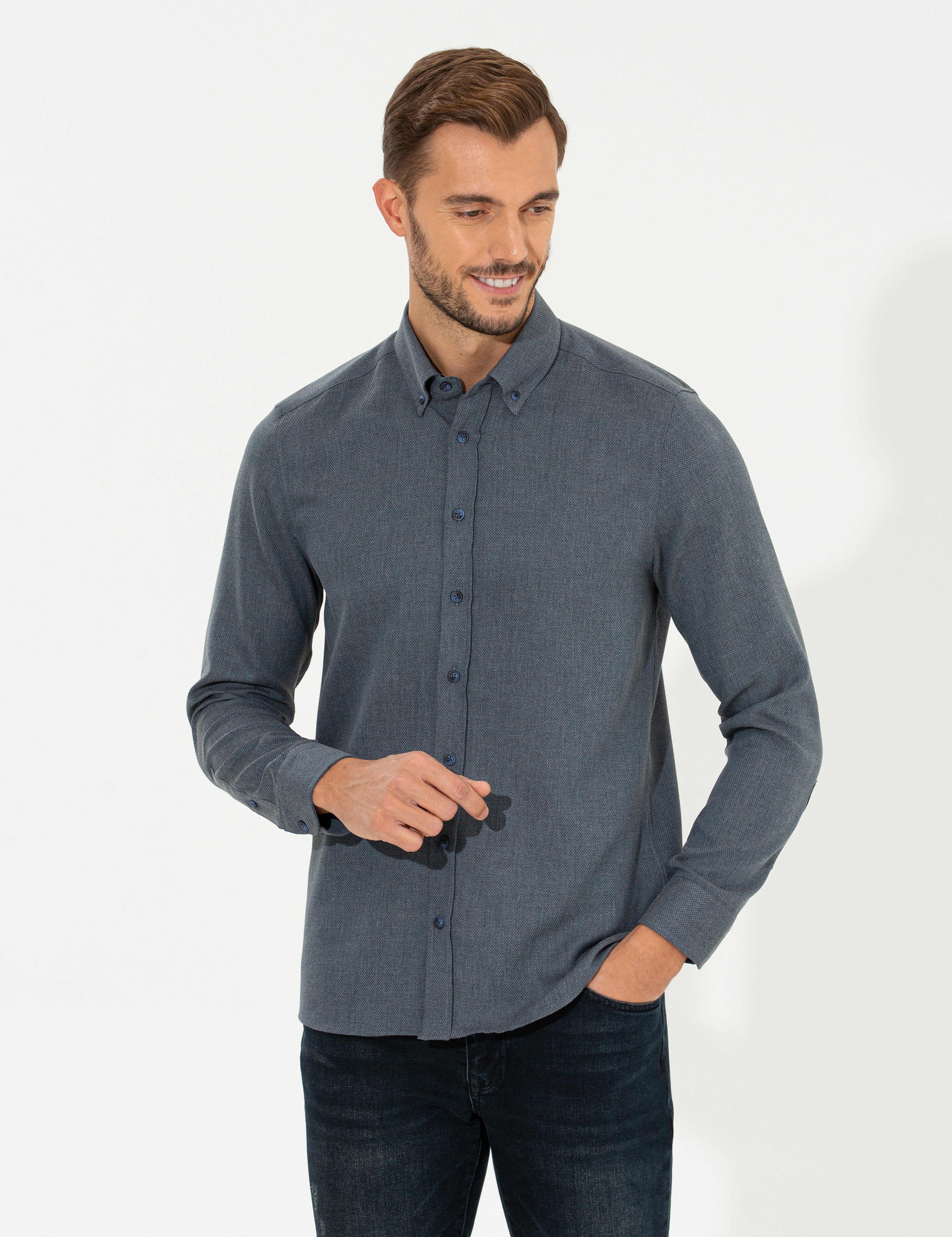 Lacivert Slim Fit Uzun Kollu Gömlek - Image 4