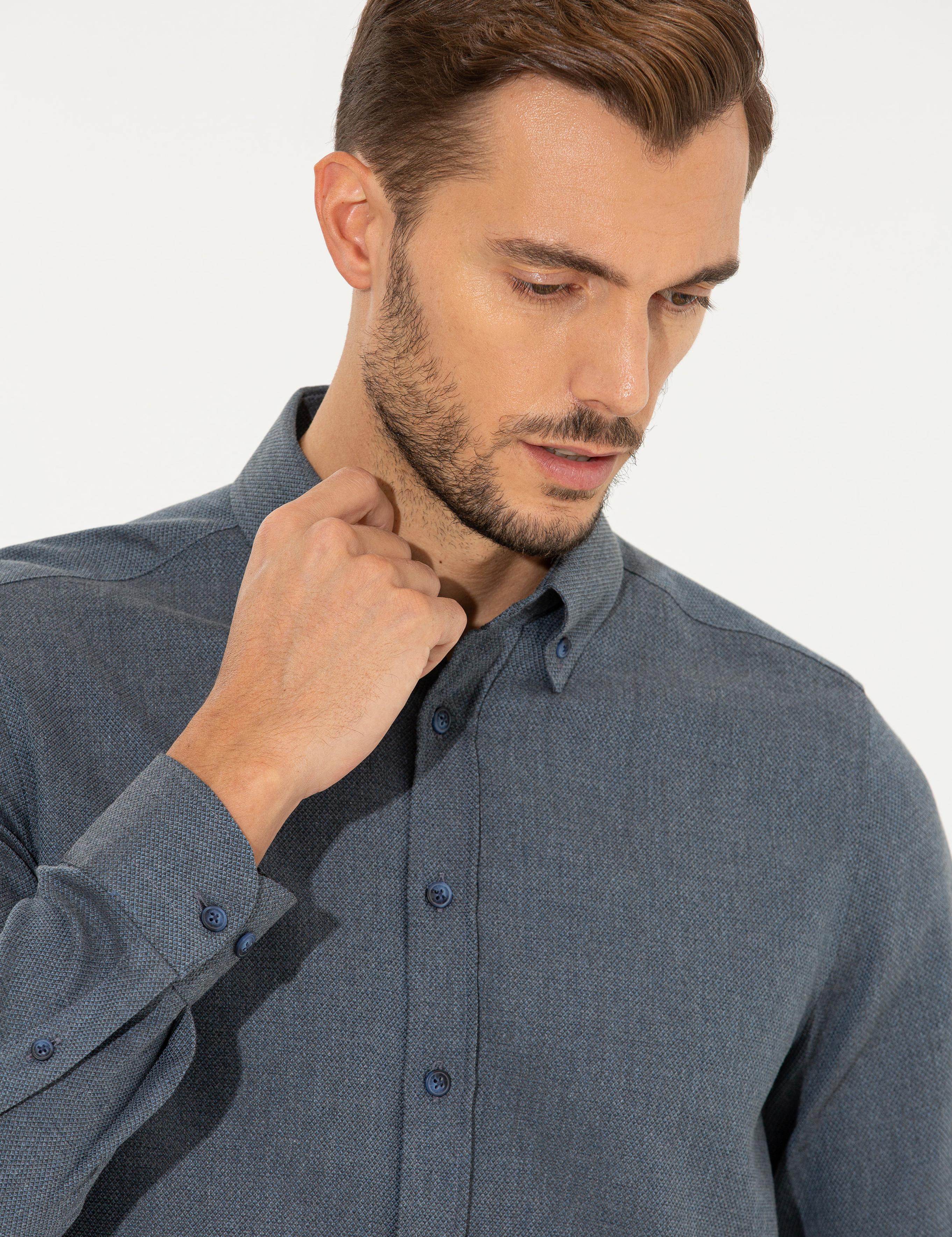 Lacivert Slim Fit Uzun Kollu Gömlek