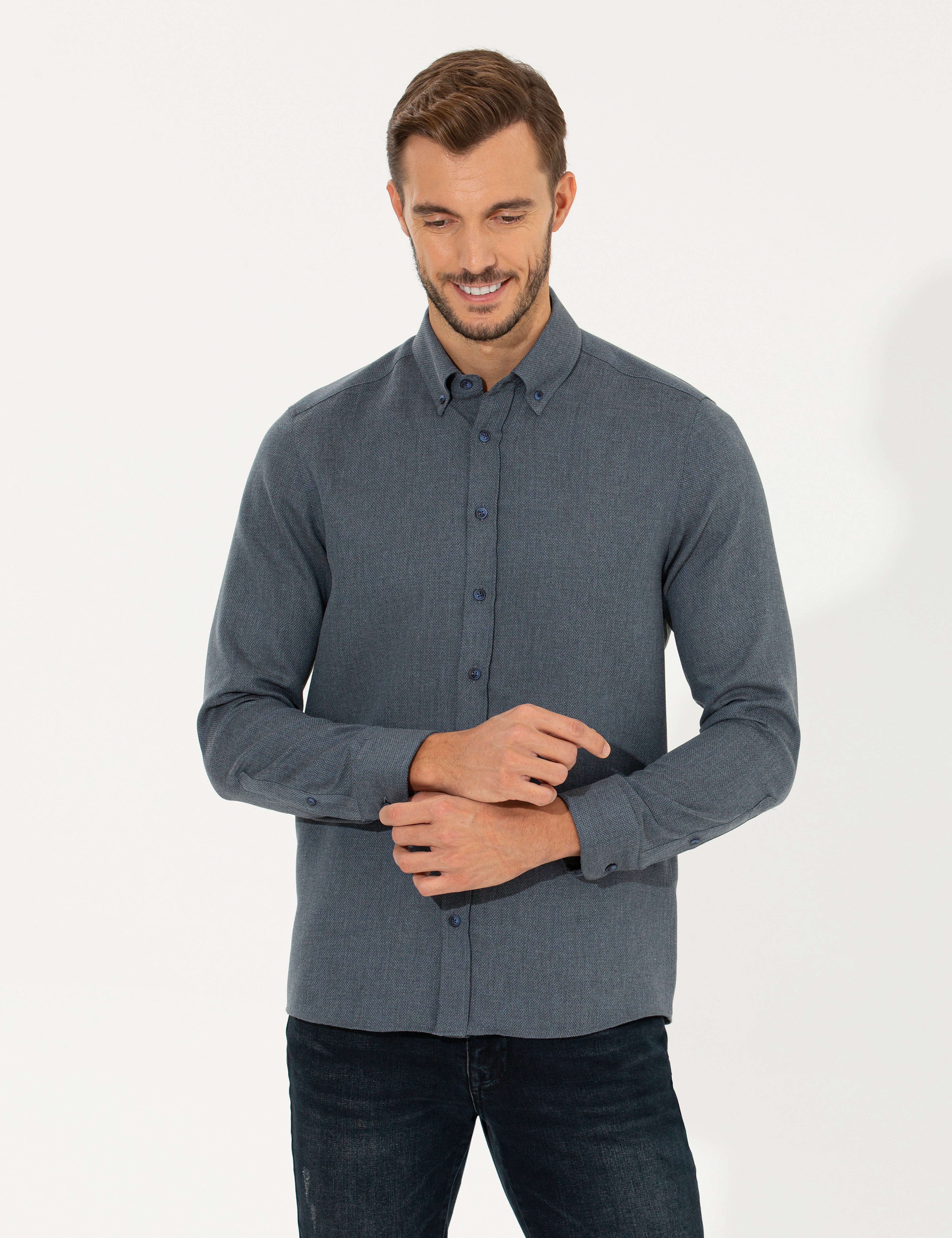 Lacivert Slim Fit Uzun Kollu Gömlek - Image 2