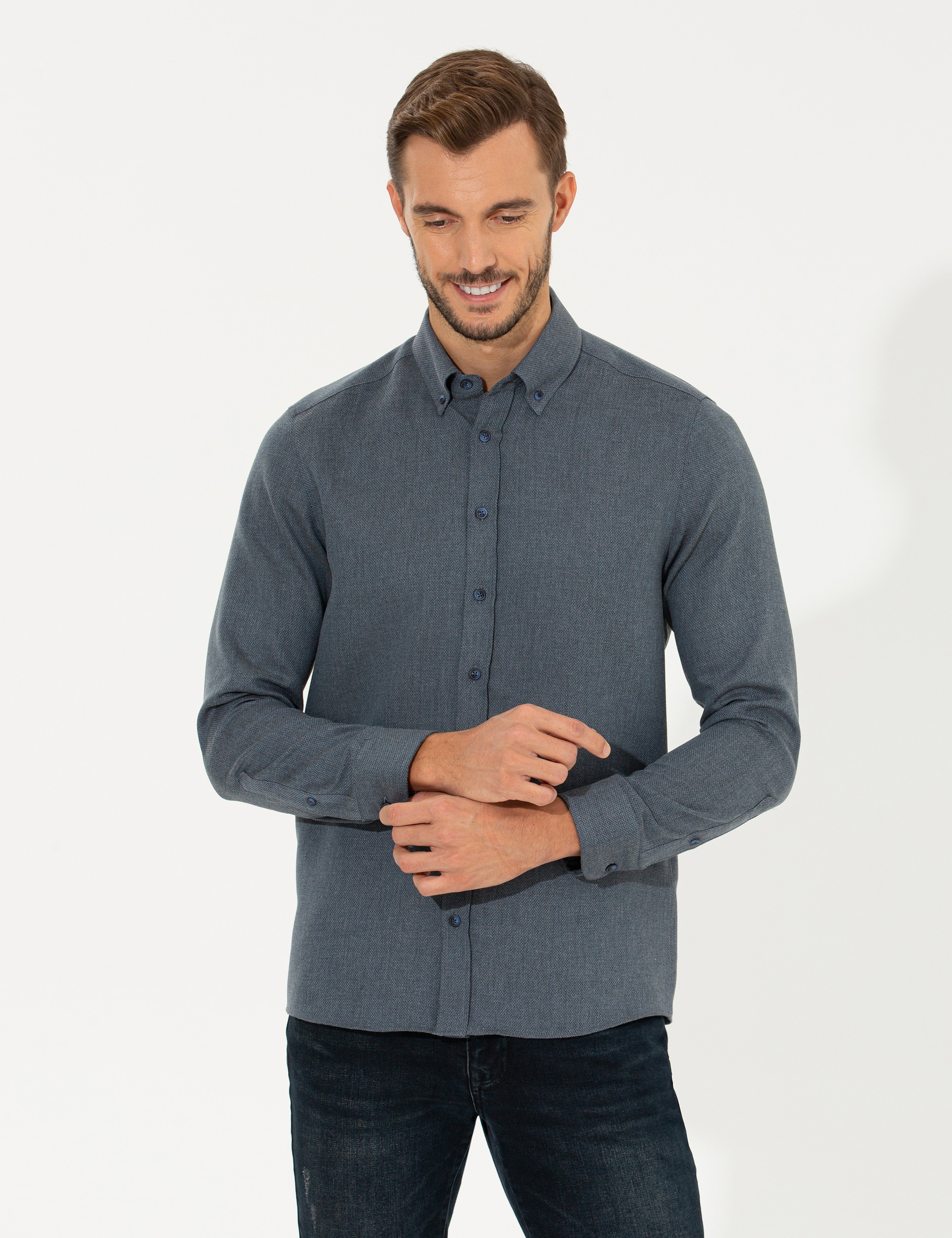 Lacivert Slim Fit Uzun Kollu Gömlek