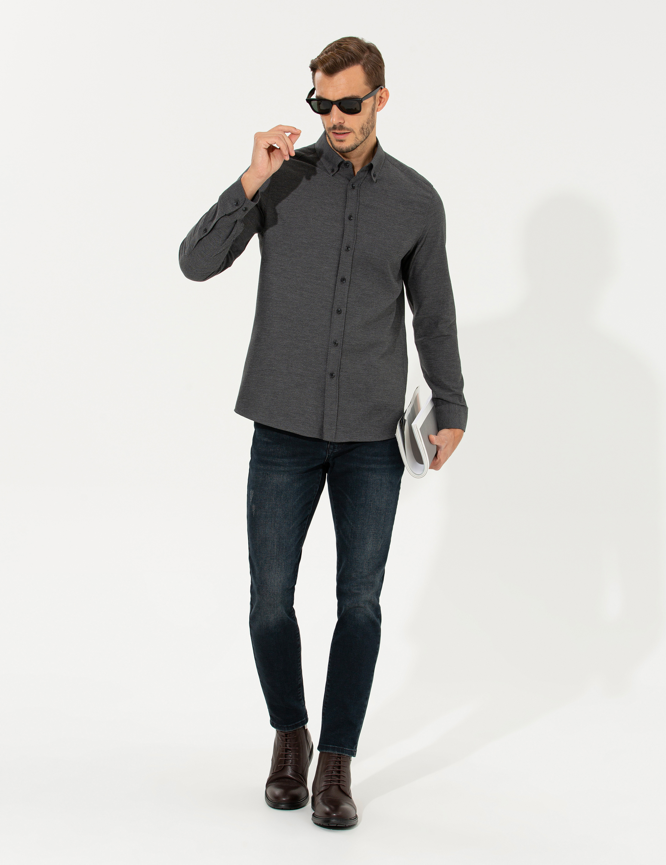 Siyah Regular Fit Uzun Kollu Gömlek - Image 3
