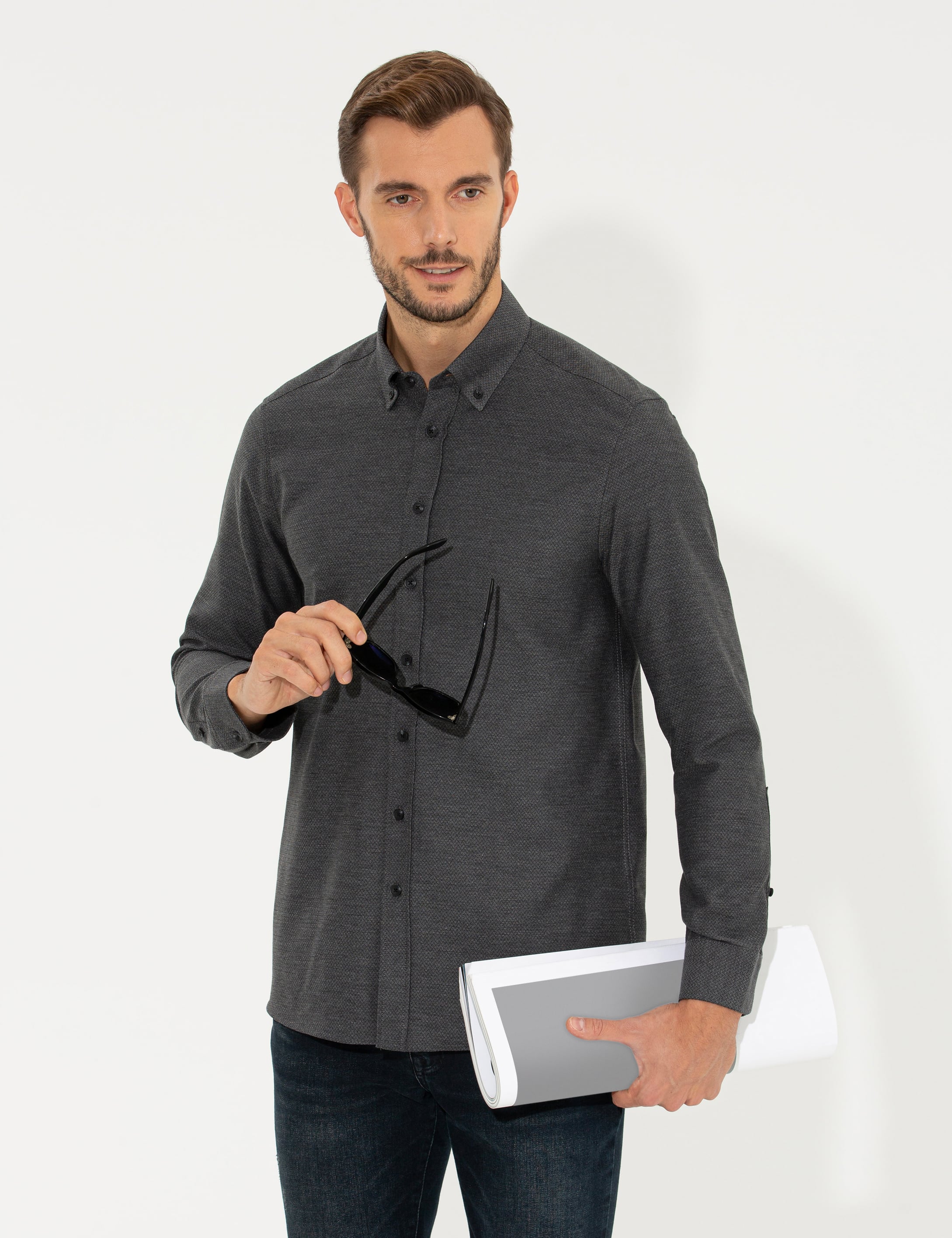 Siyah Regular Fit Uzun Kollu Gömlek - Image 2