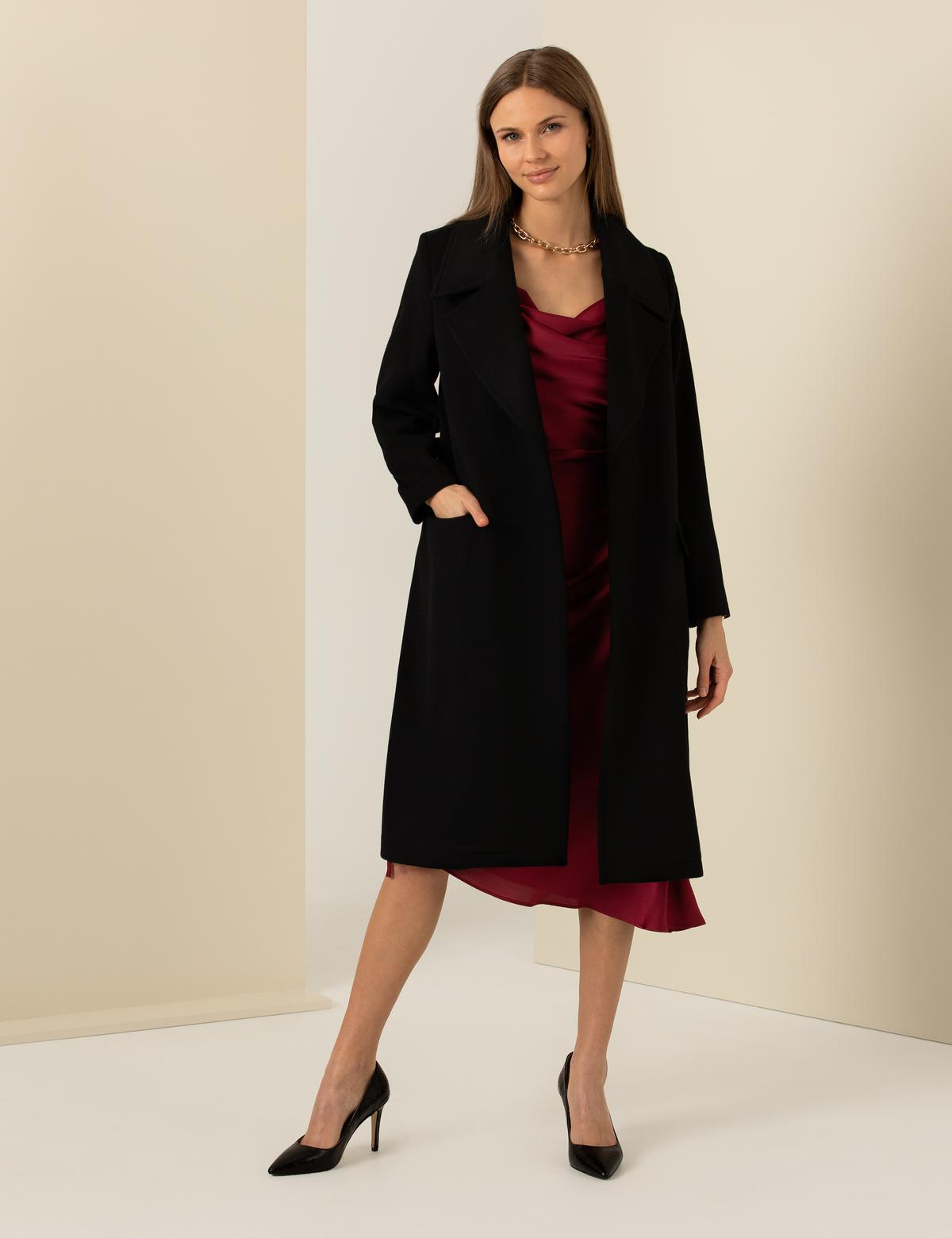 Siyah Regular Fit Kaşe Kaban