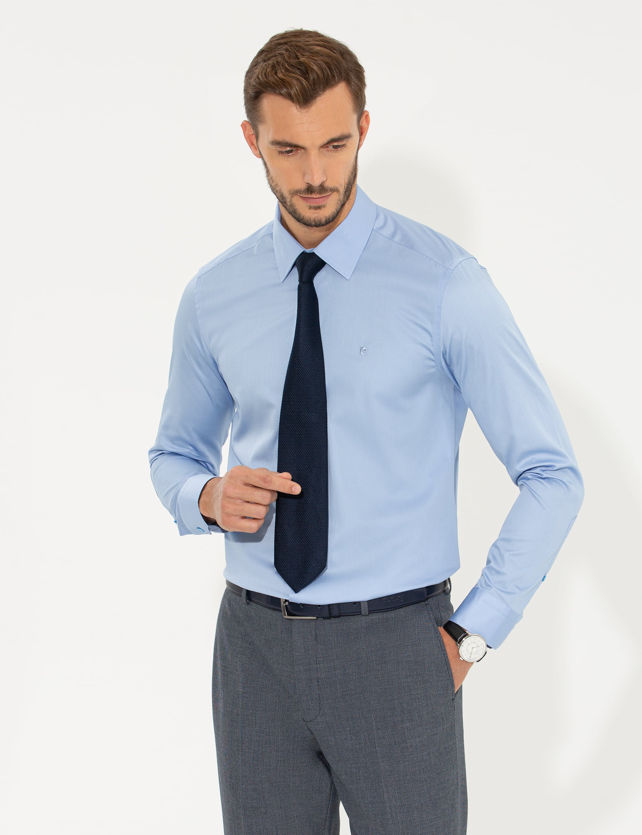 Koyu Mavi Slim Fit Uzun Kollu Klasik Gömlek - Image 4