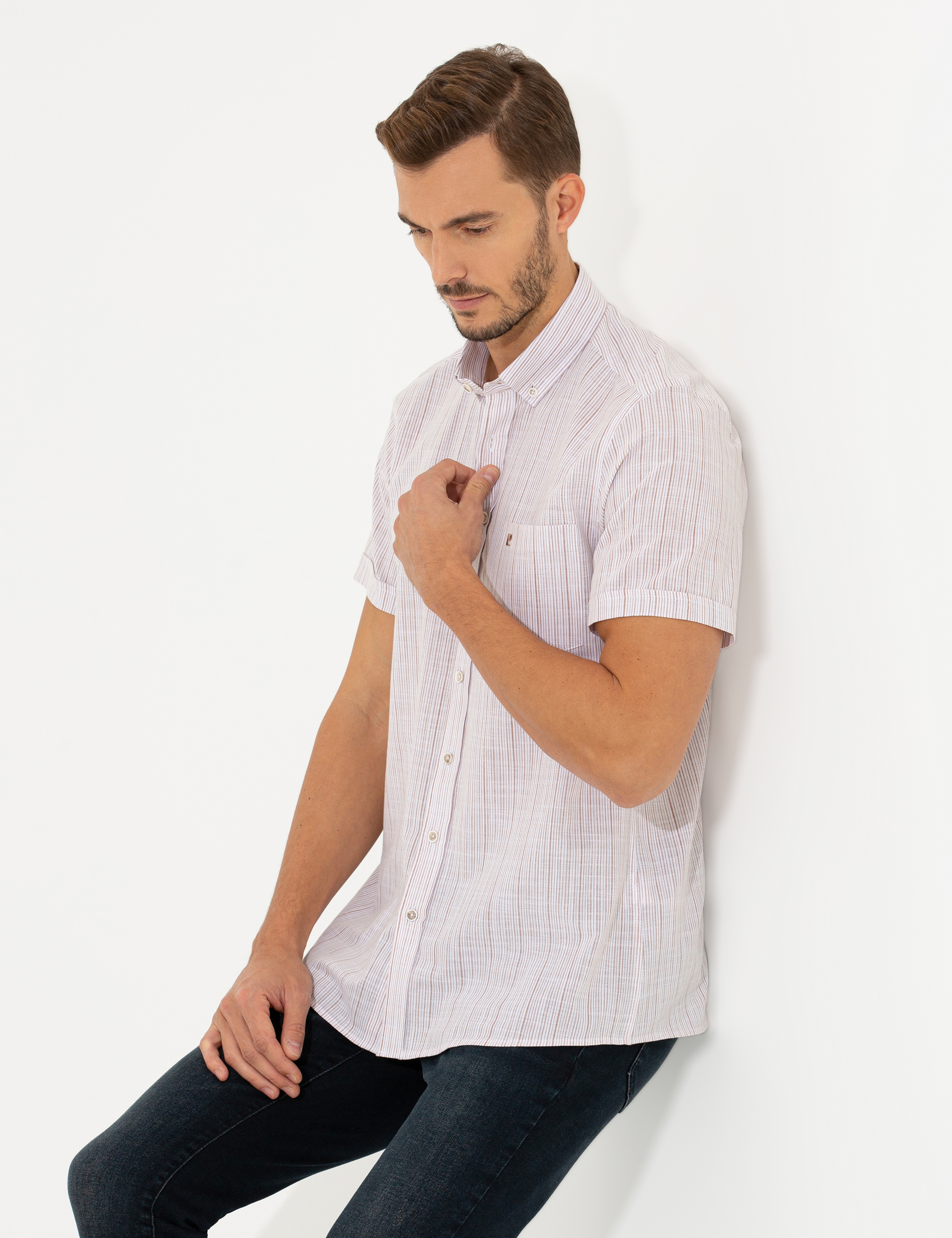 Bej Regular Fit Kısa Kollu Gömlek