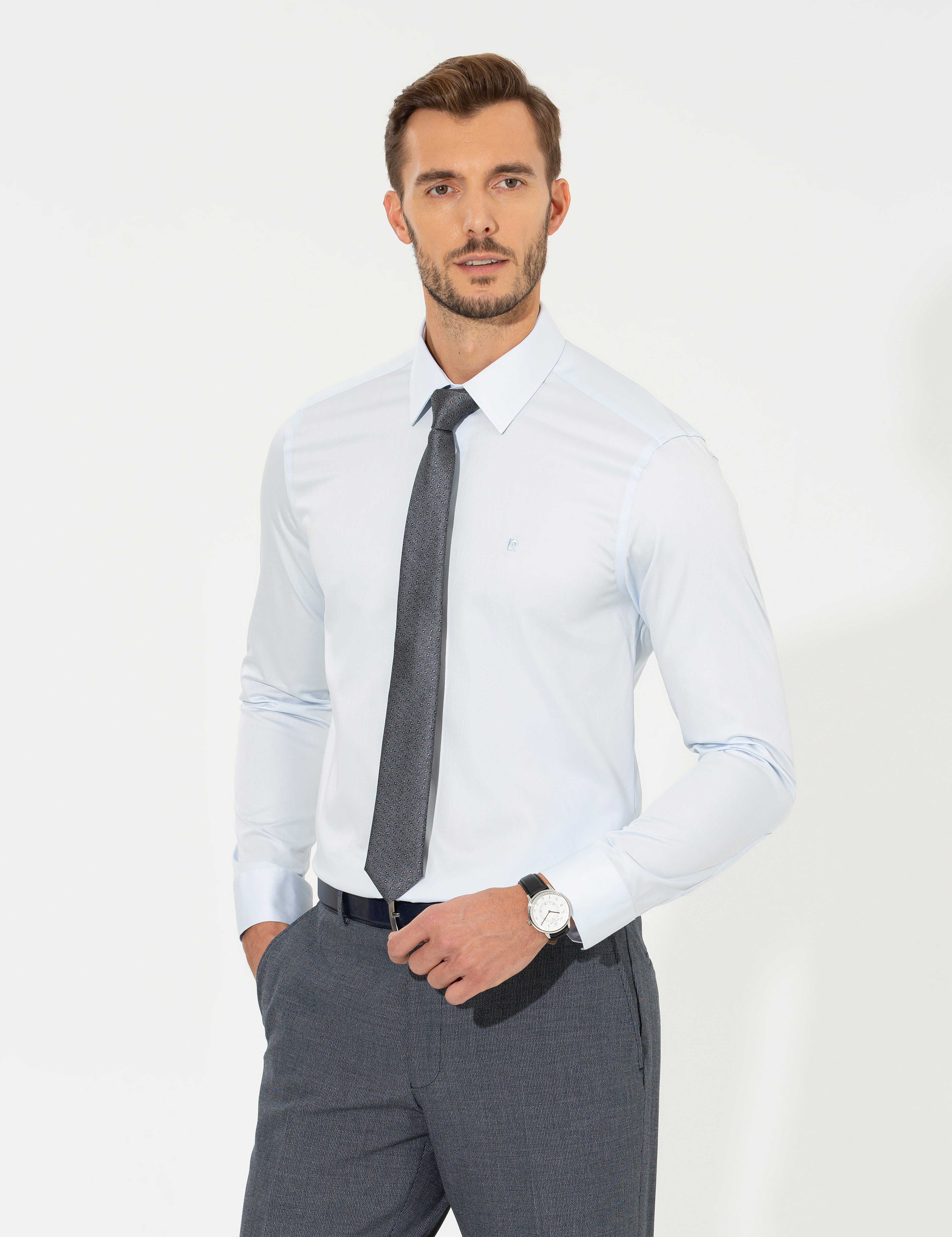 Açık Mavi Slim Fit Uzun Kollu Klasik Gömlek - Image 3