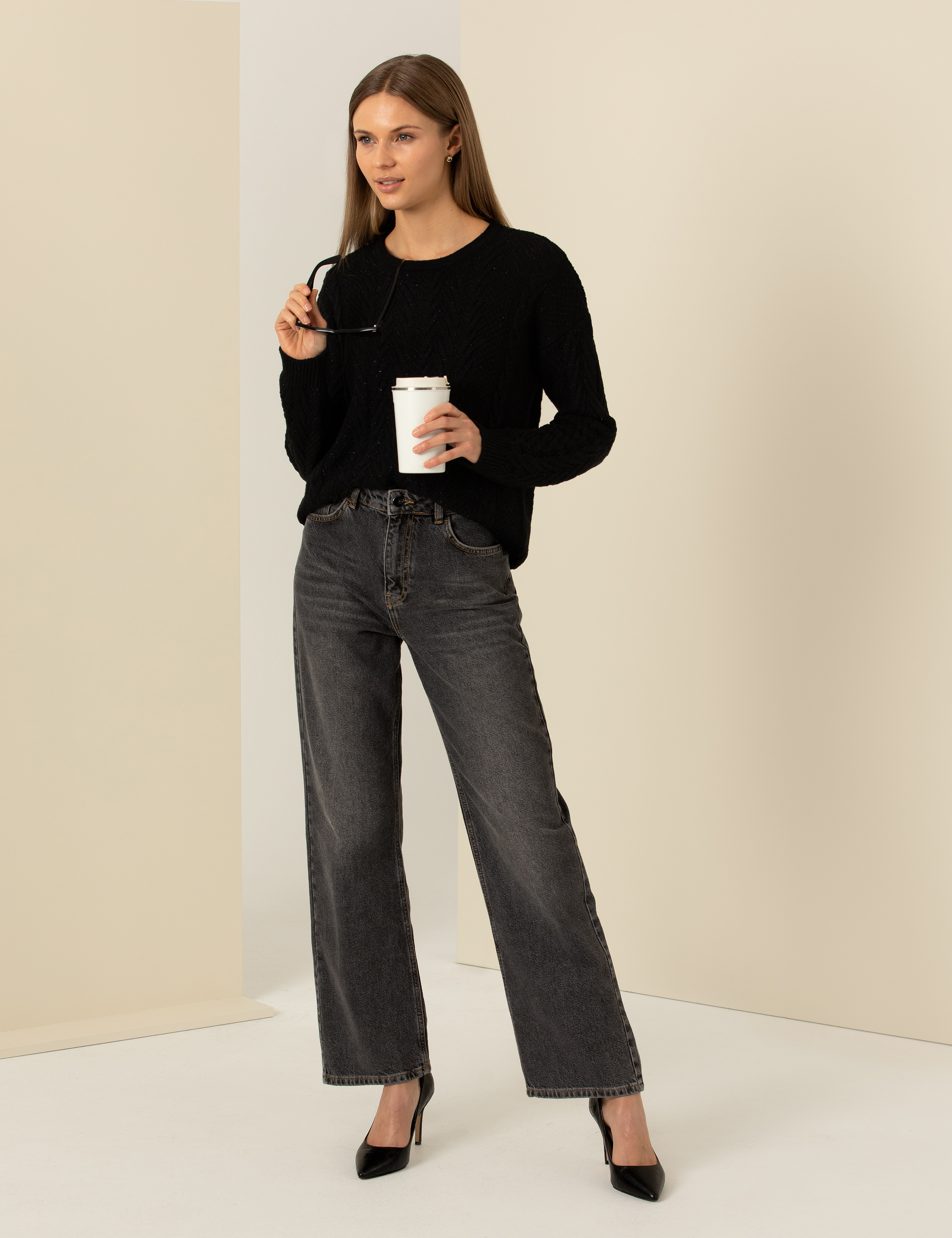 Siyah Comfort Fit Bisiklet Yaka Kazak - Image 1