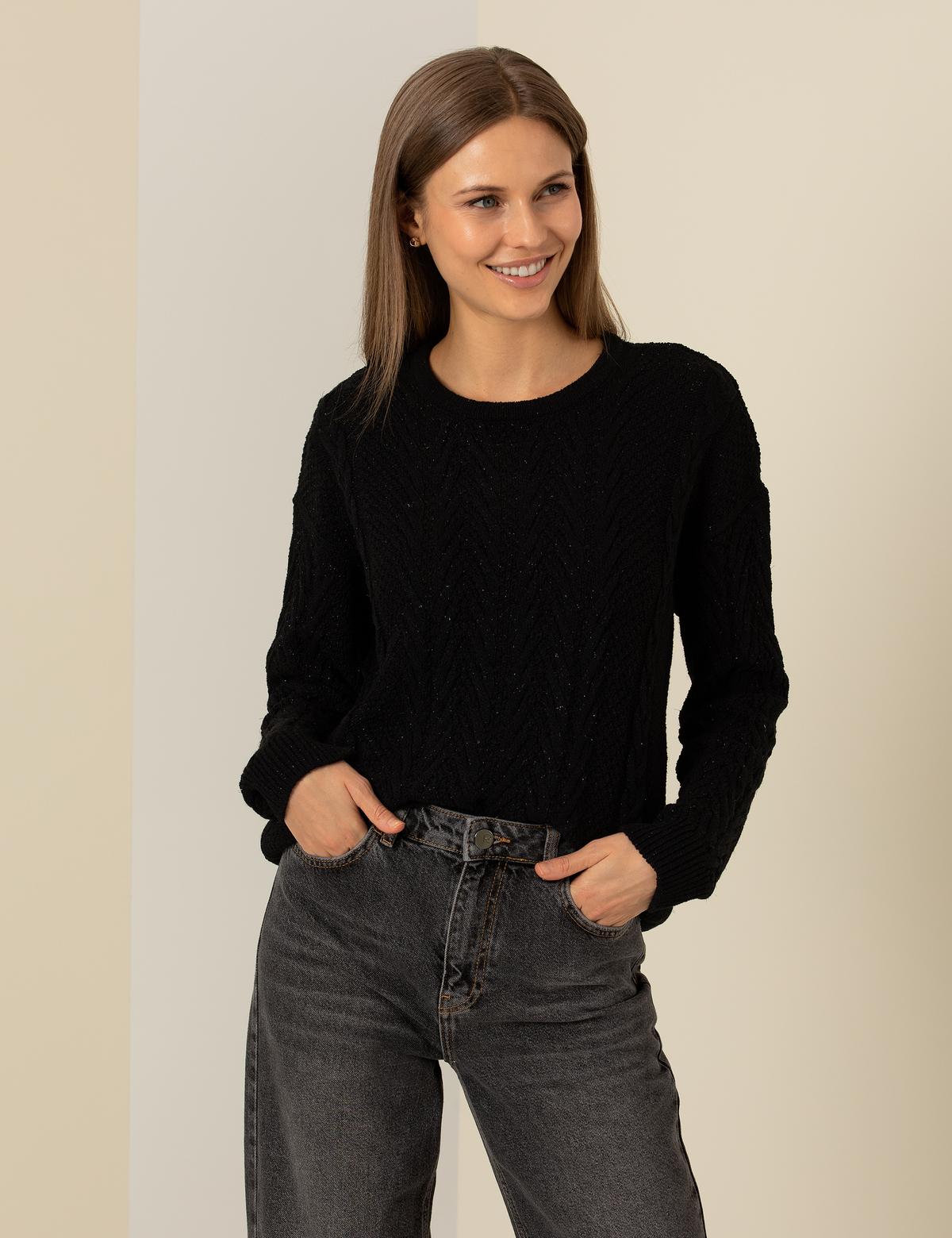 Siyah Comfort Fit Bisiklet Yaka Kazak - 50253283026