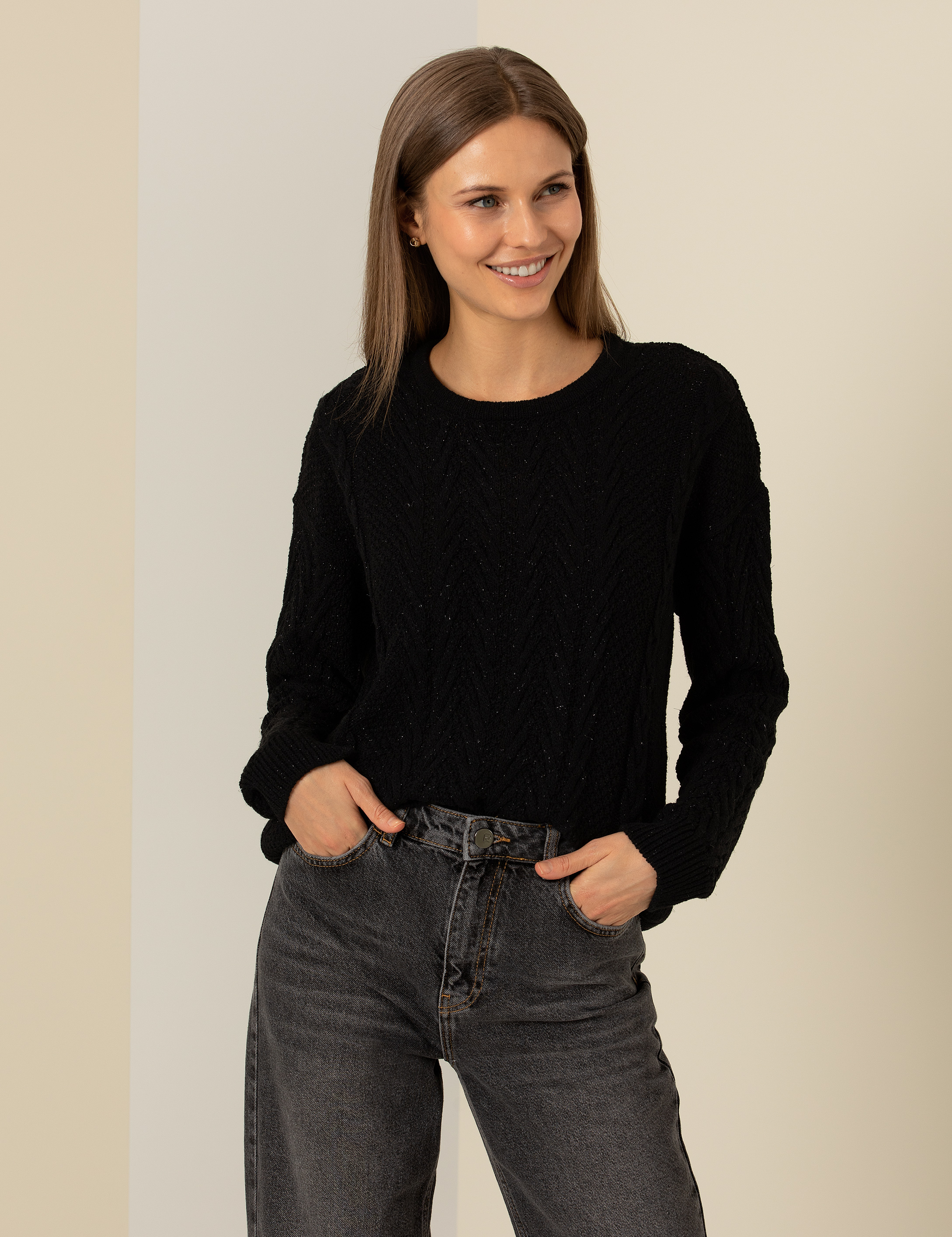 Siyah Comfort Fit Bisiklet Yaka Kazak - Image 3