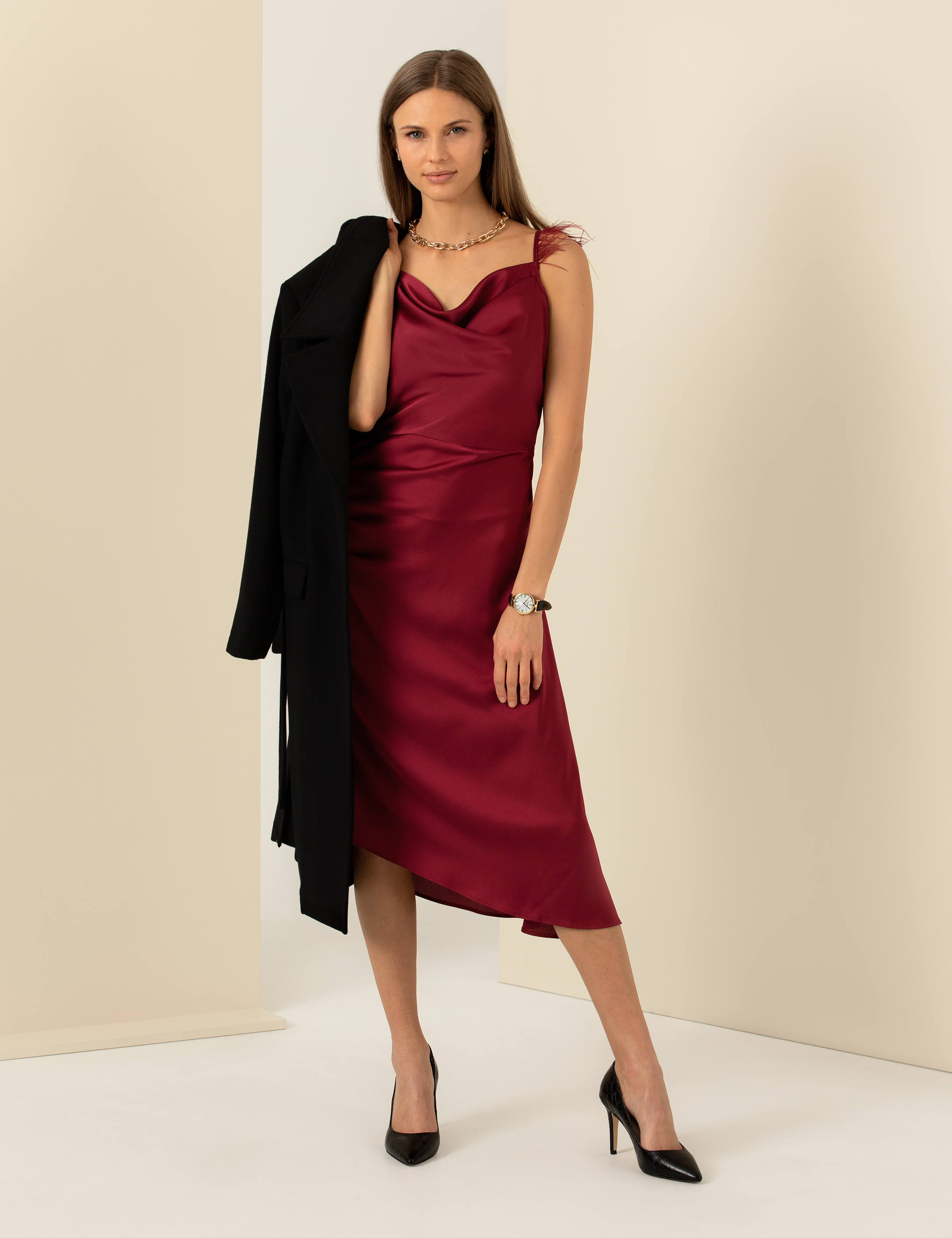 Bordo Saten Elbise