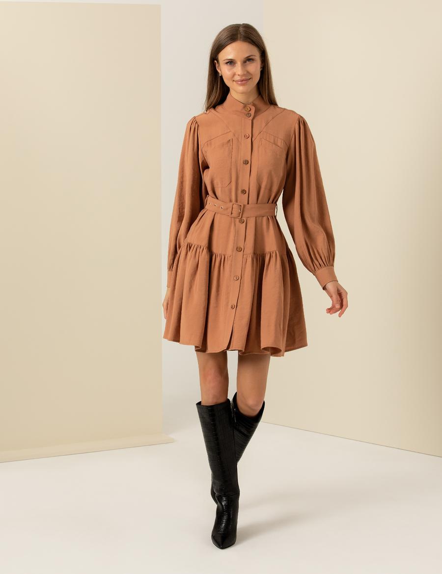 Turuncu Comfort Fit Uzunkollu Elbise