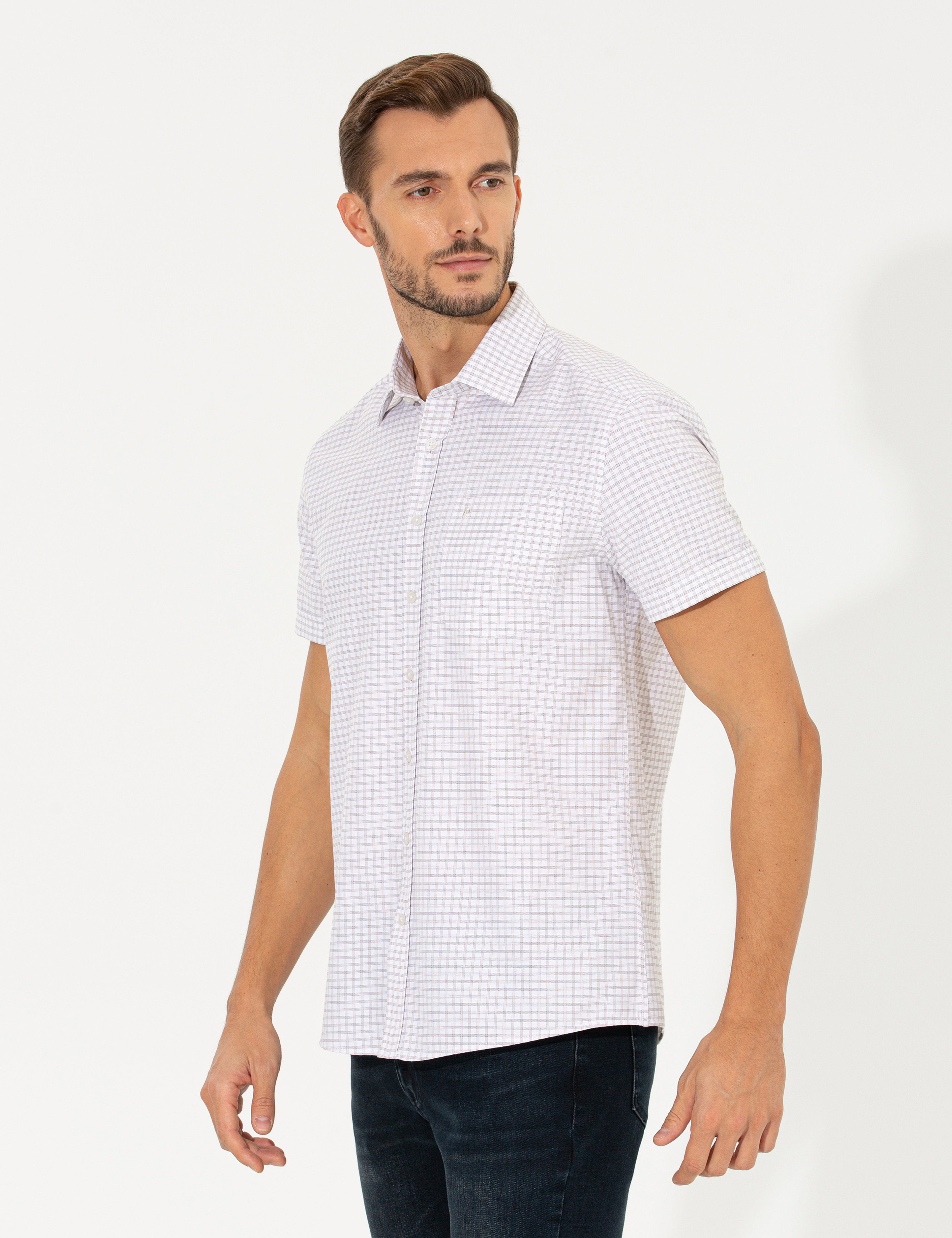 Bej Regular Fit Kısa Kollu Gömlek - Image 4