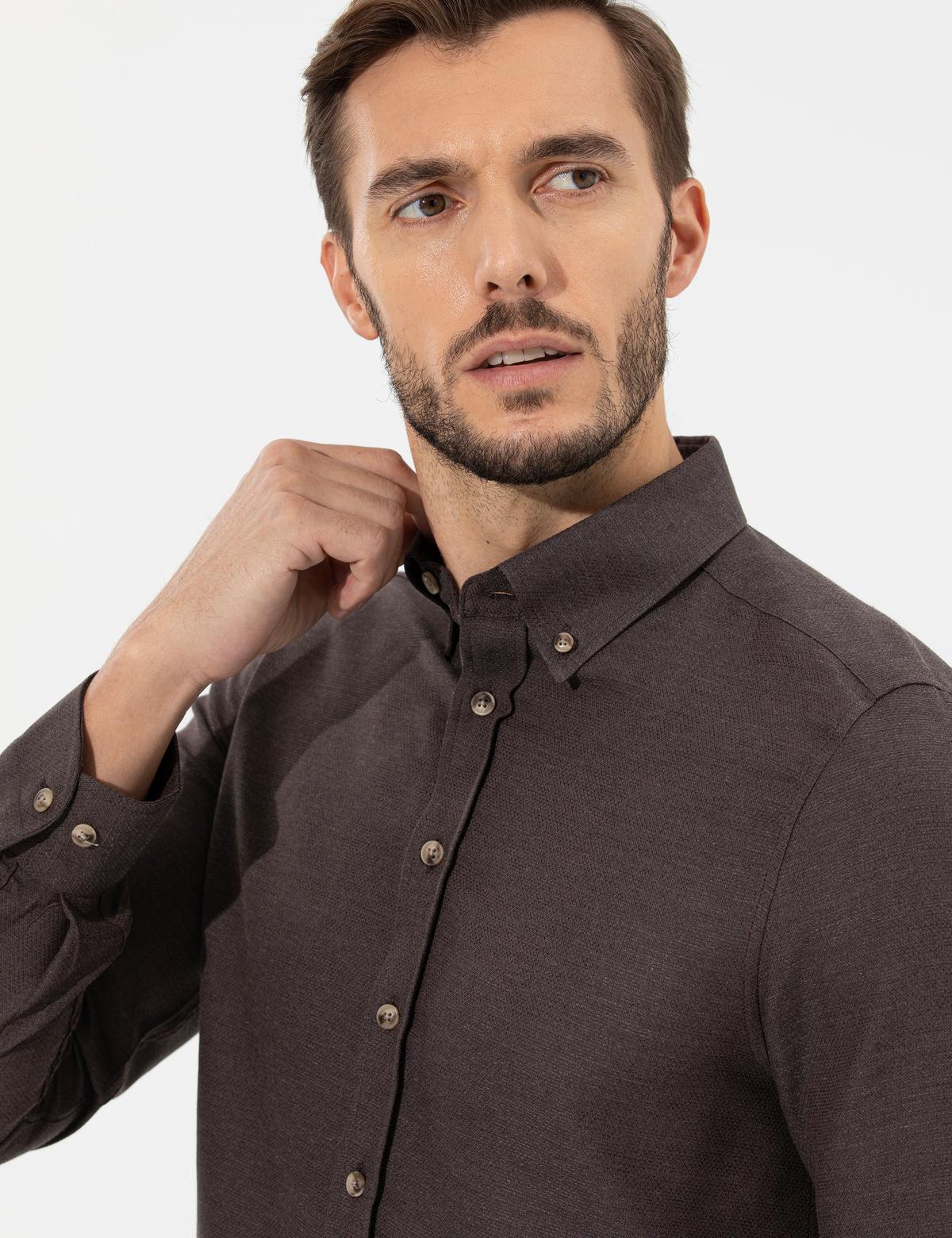 Kahverengi Slim Fit Uzun Kollu Gömlek - 50261304094