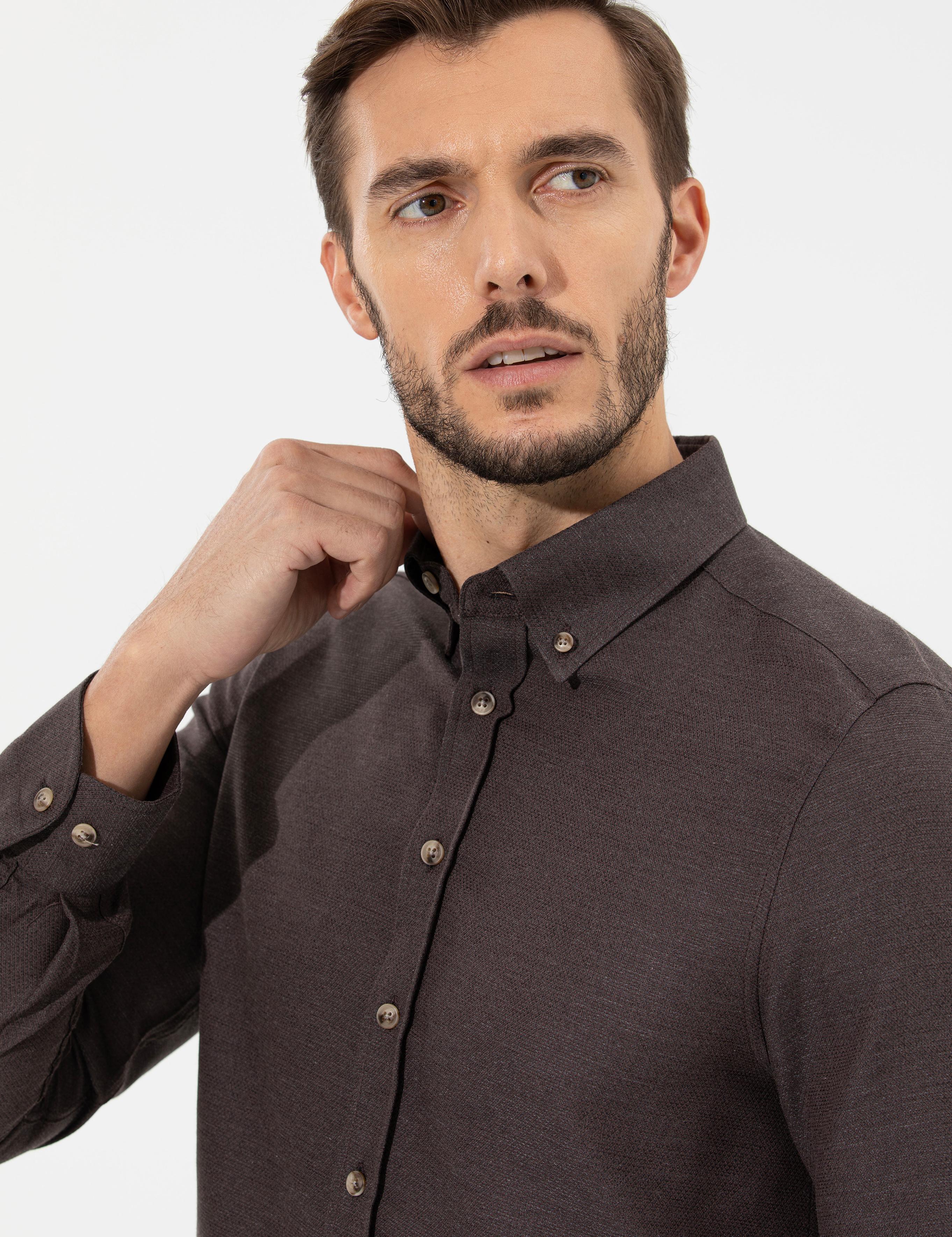 Kahverengi Slim Fit Uzun Kollu Gömlek