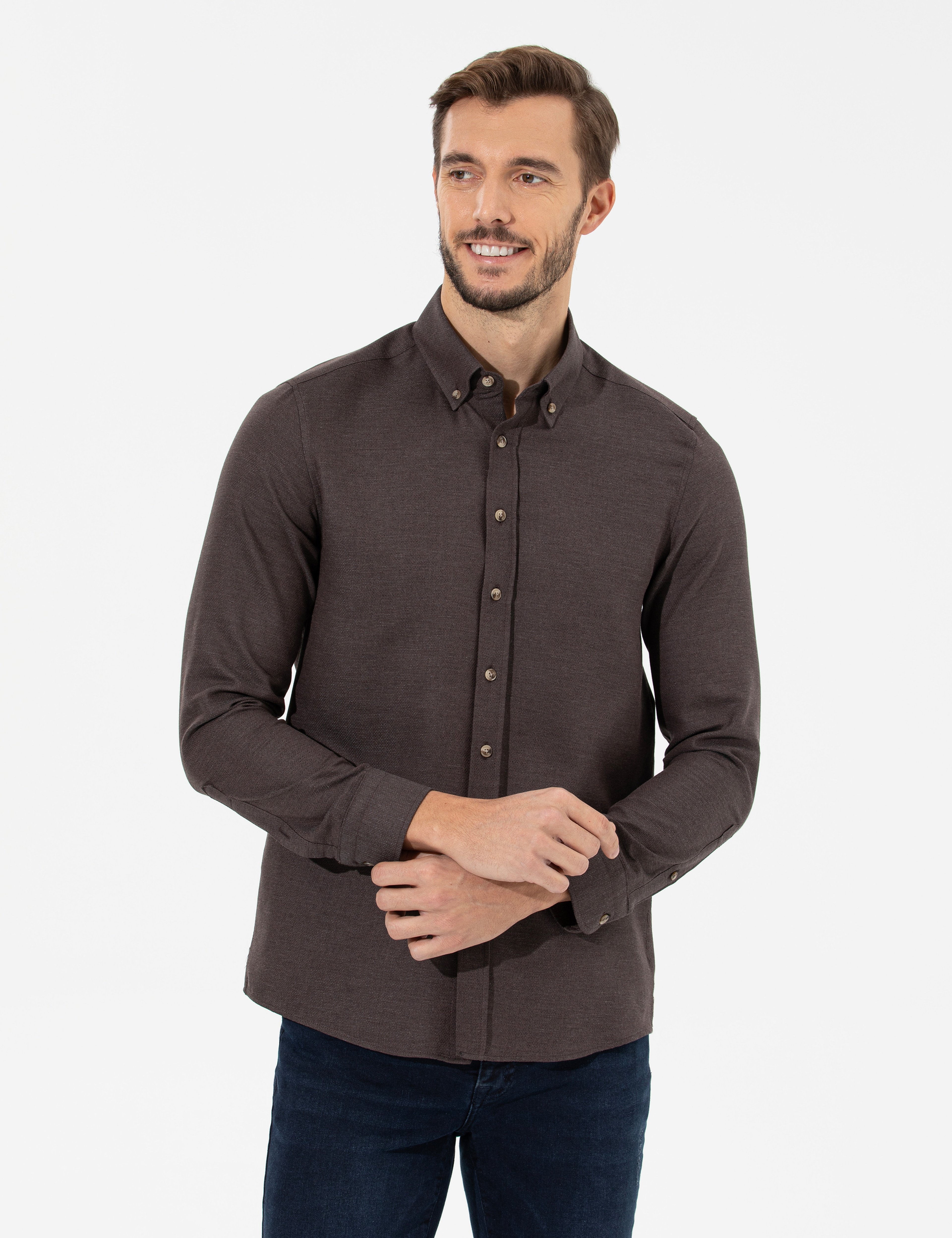 Kahverengi Slim Fit Uzun Kollu Gömlek - Image 3