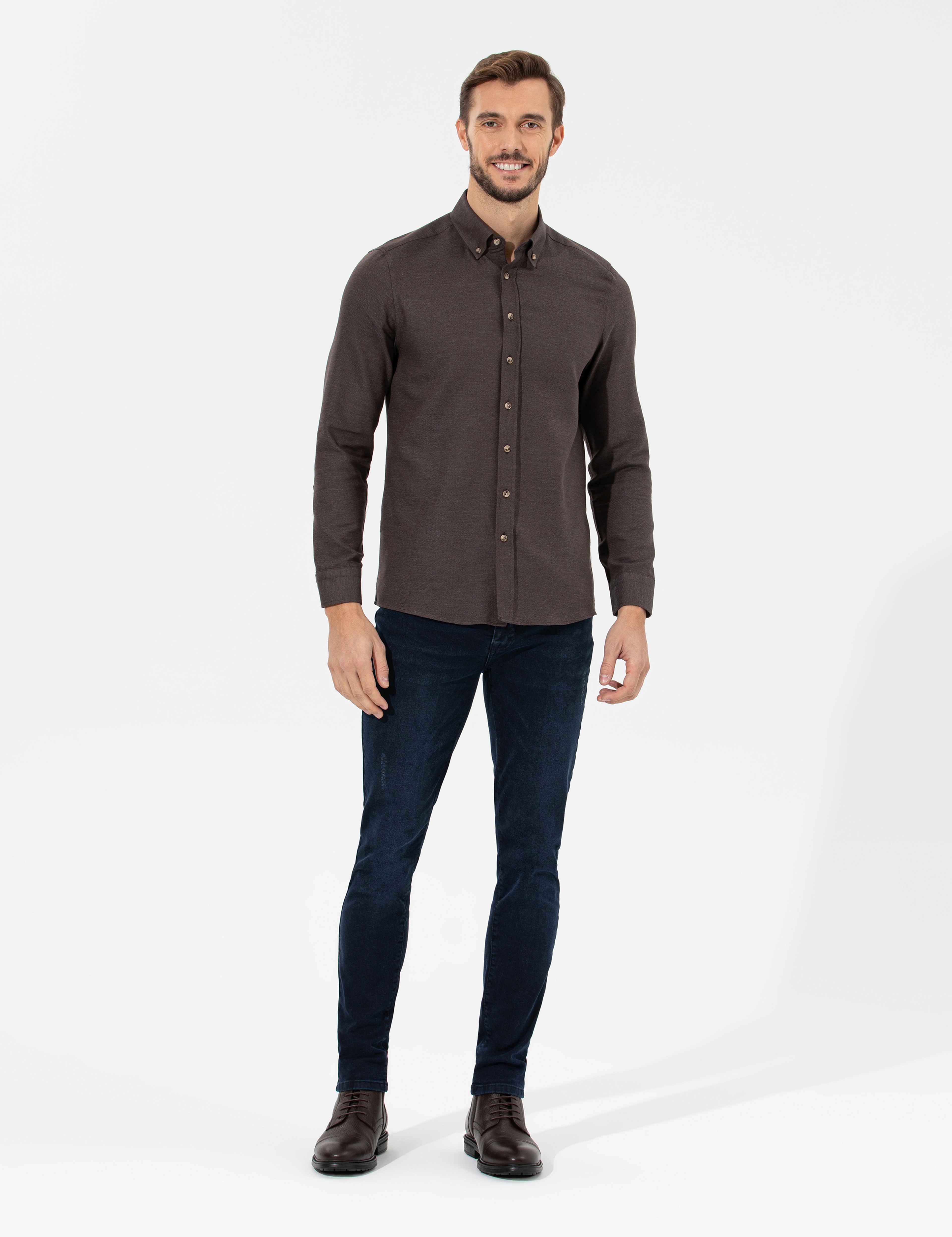 Kahverengi Slim Fit Uzun Kollu Gömlek - Image 4