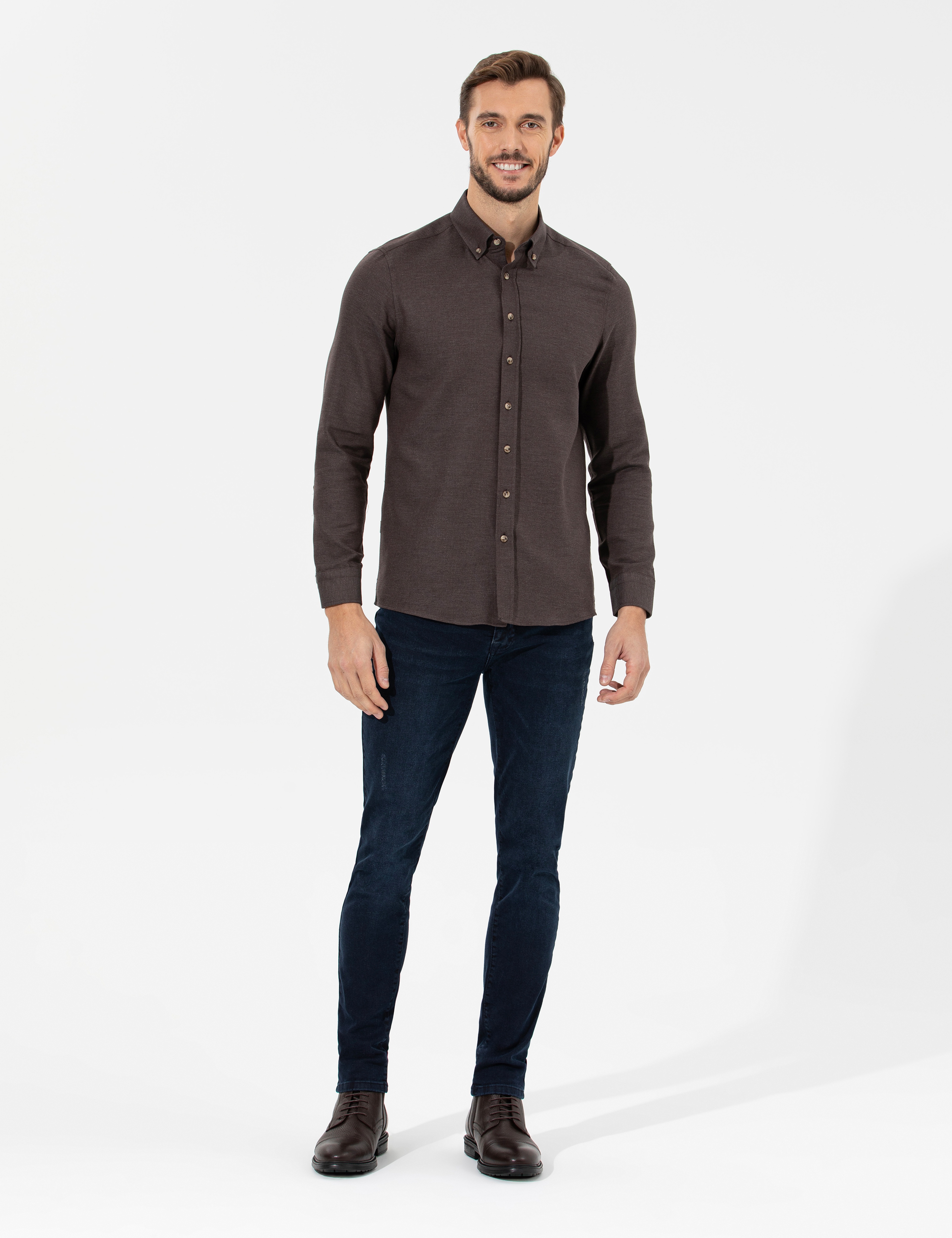 Kahverengi Slim Fit Uzun Kollu Gömlek
