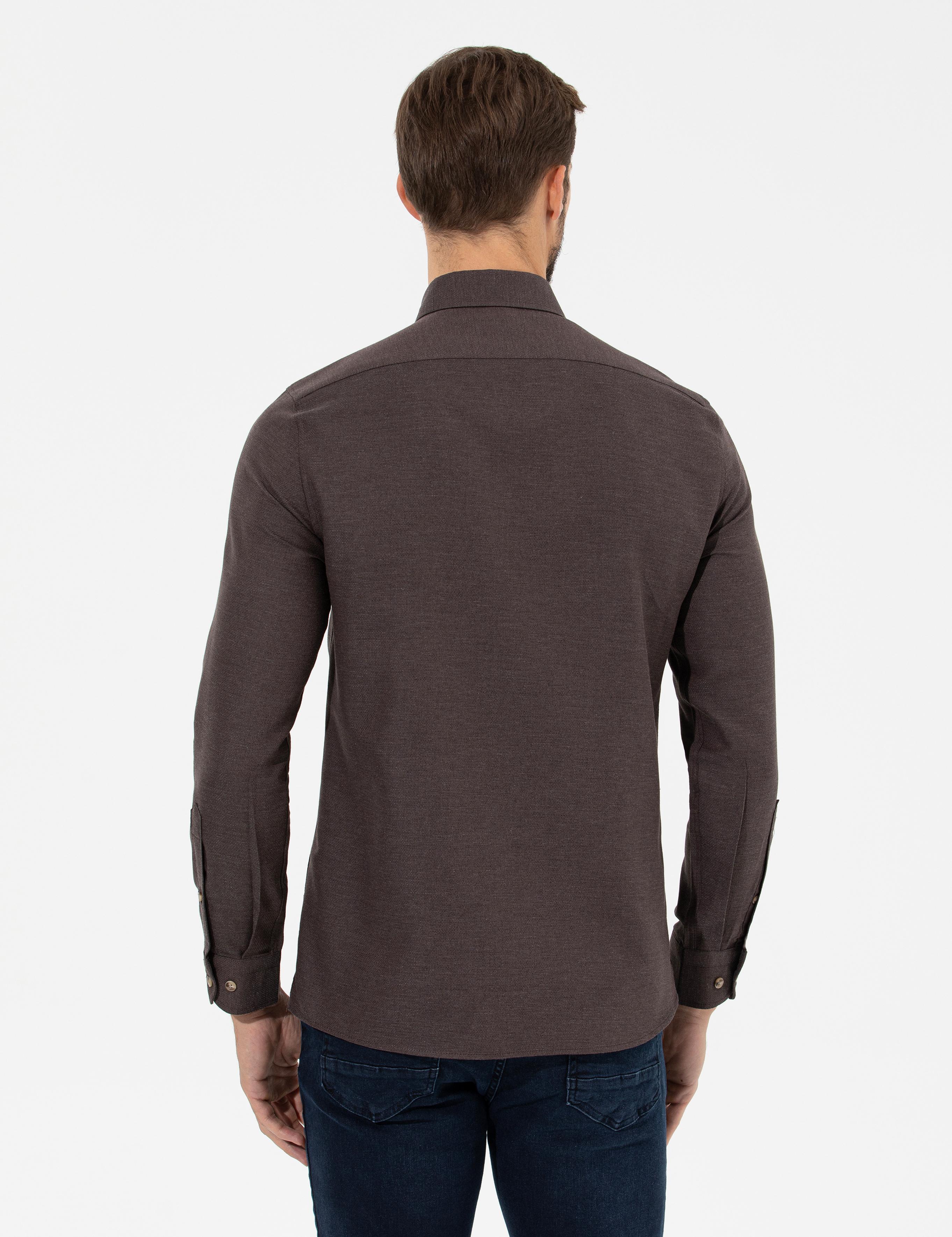 Kahverengi Slim Fit Uzun Kollu Gömlek