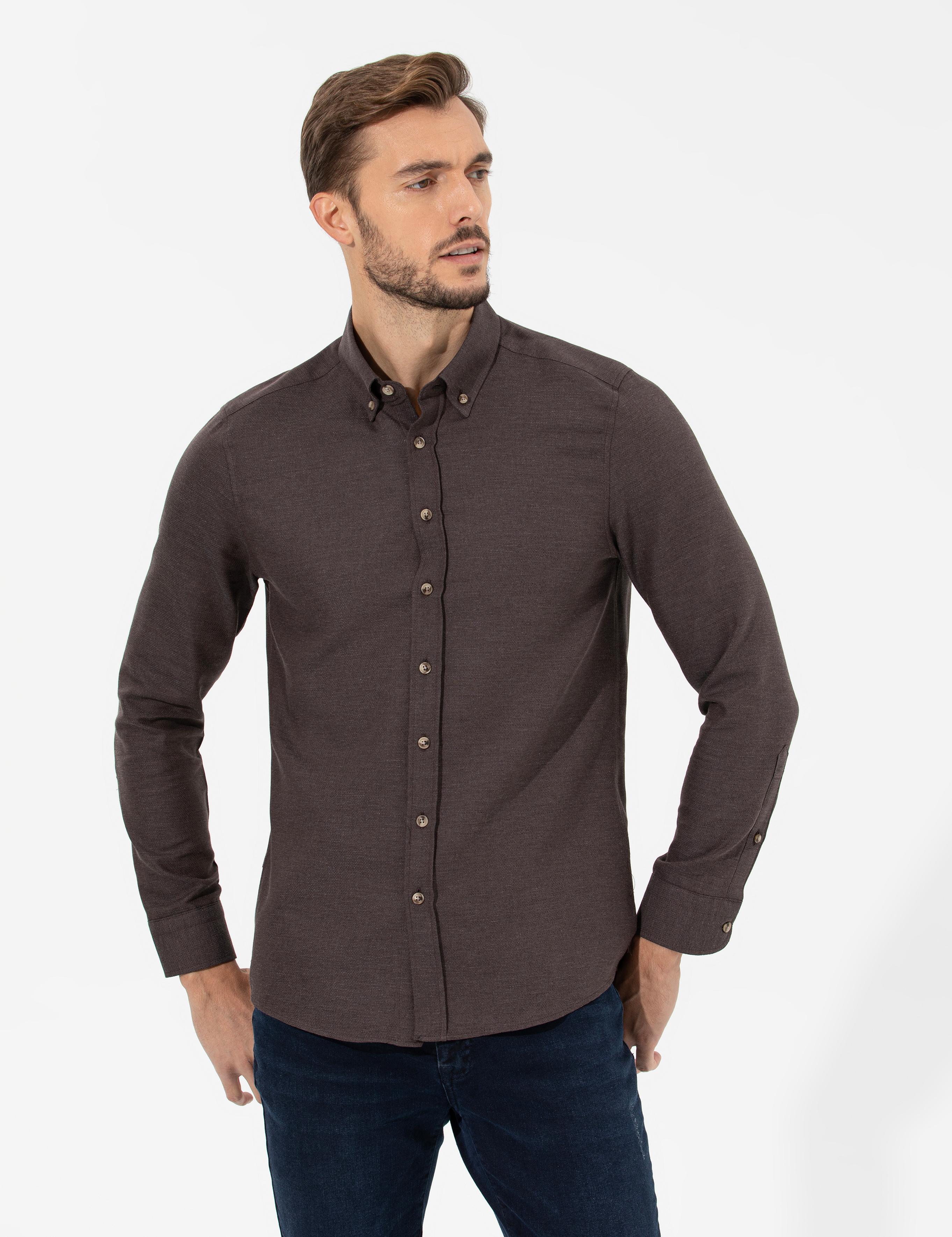 Kahverengi Slim Fit Uzun Kollu Gömlek