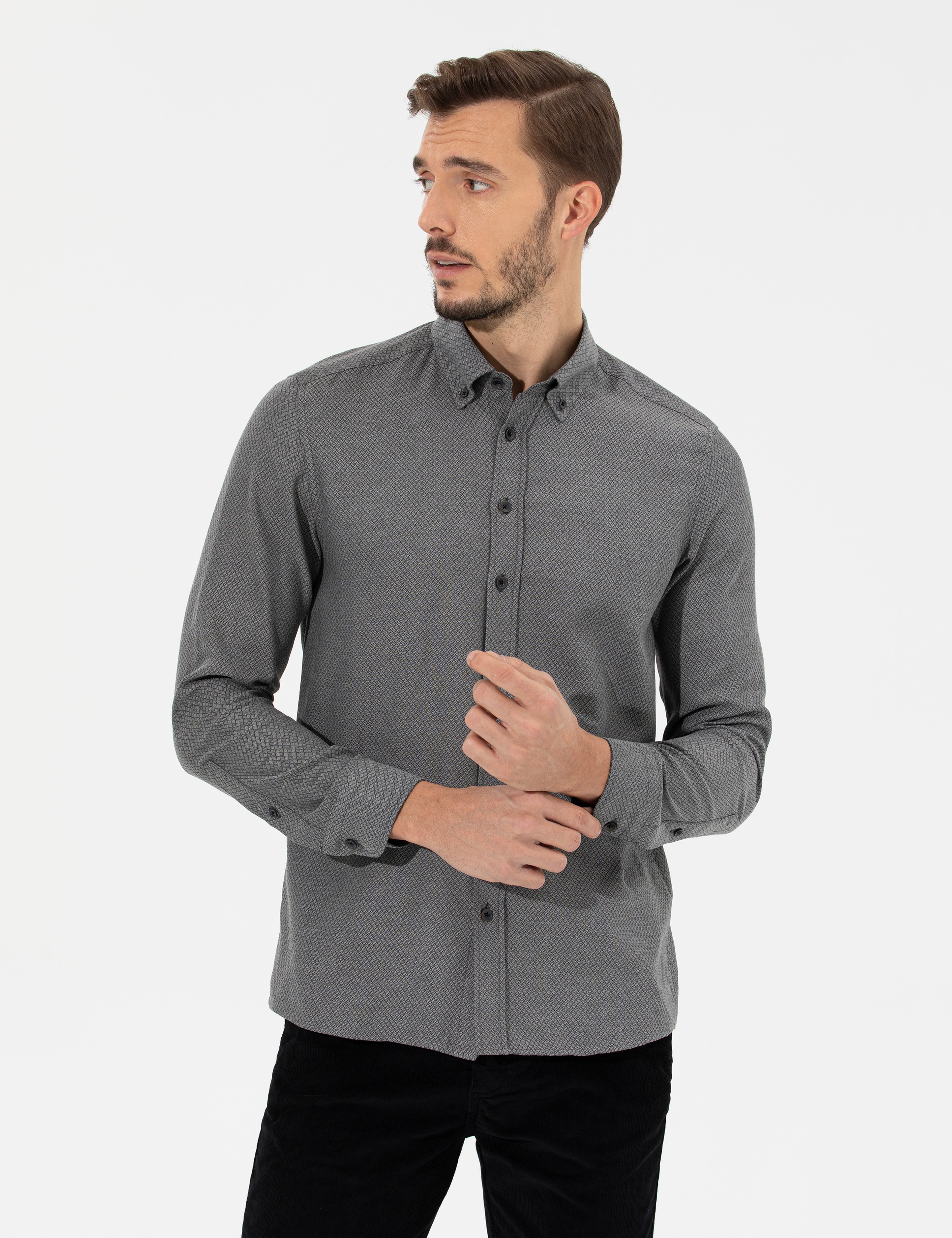 Siyah Slim Fit Uzun Kollu Gömlek - Image 1