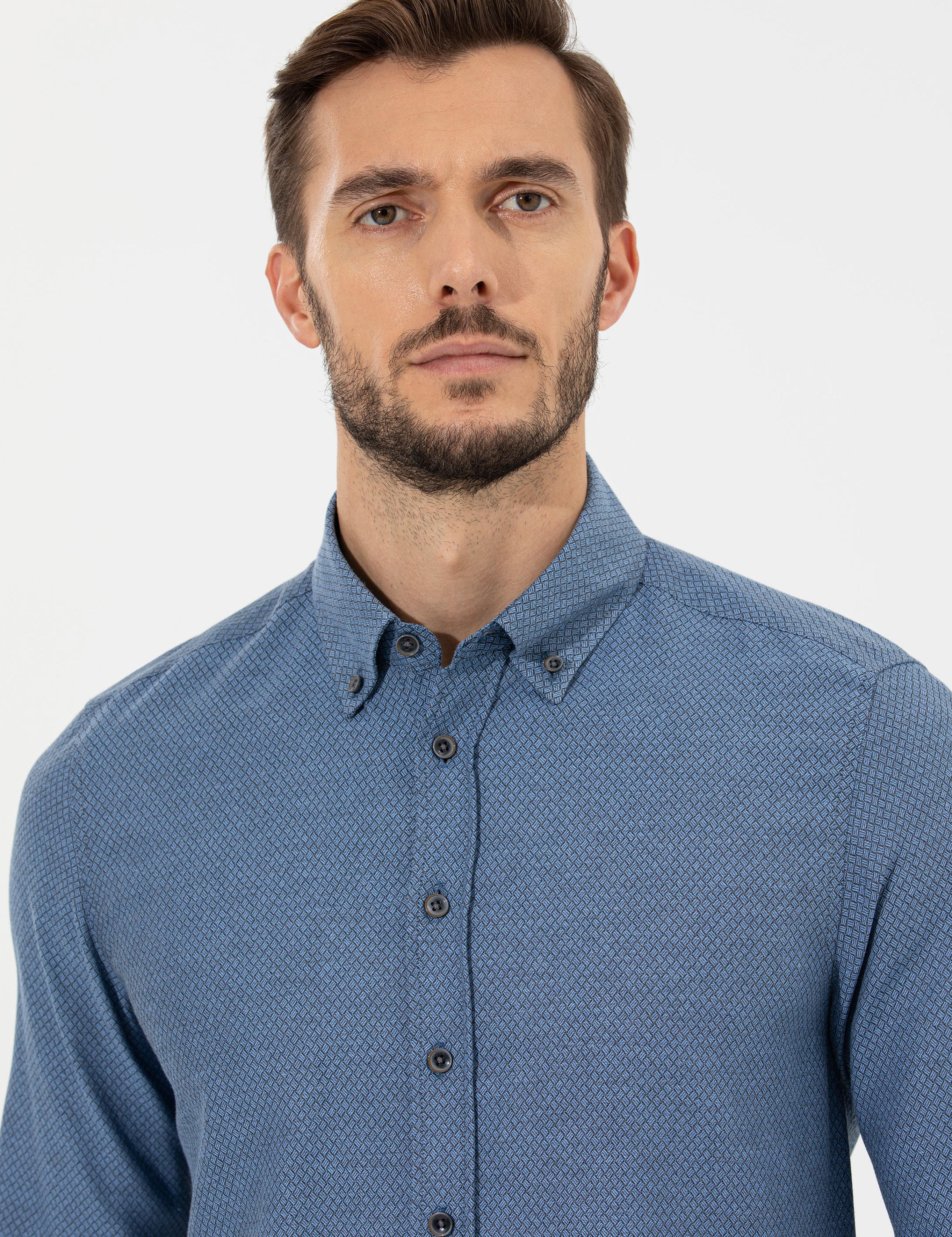 Lacivert Slim Fit Uzun Kollu Gömlek