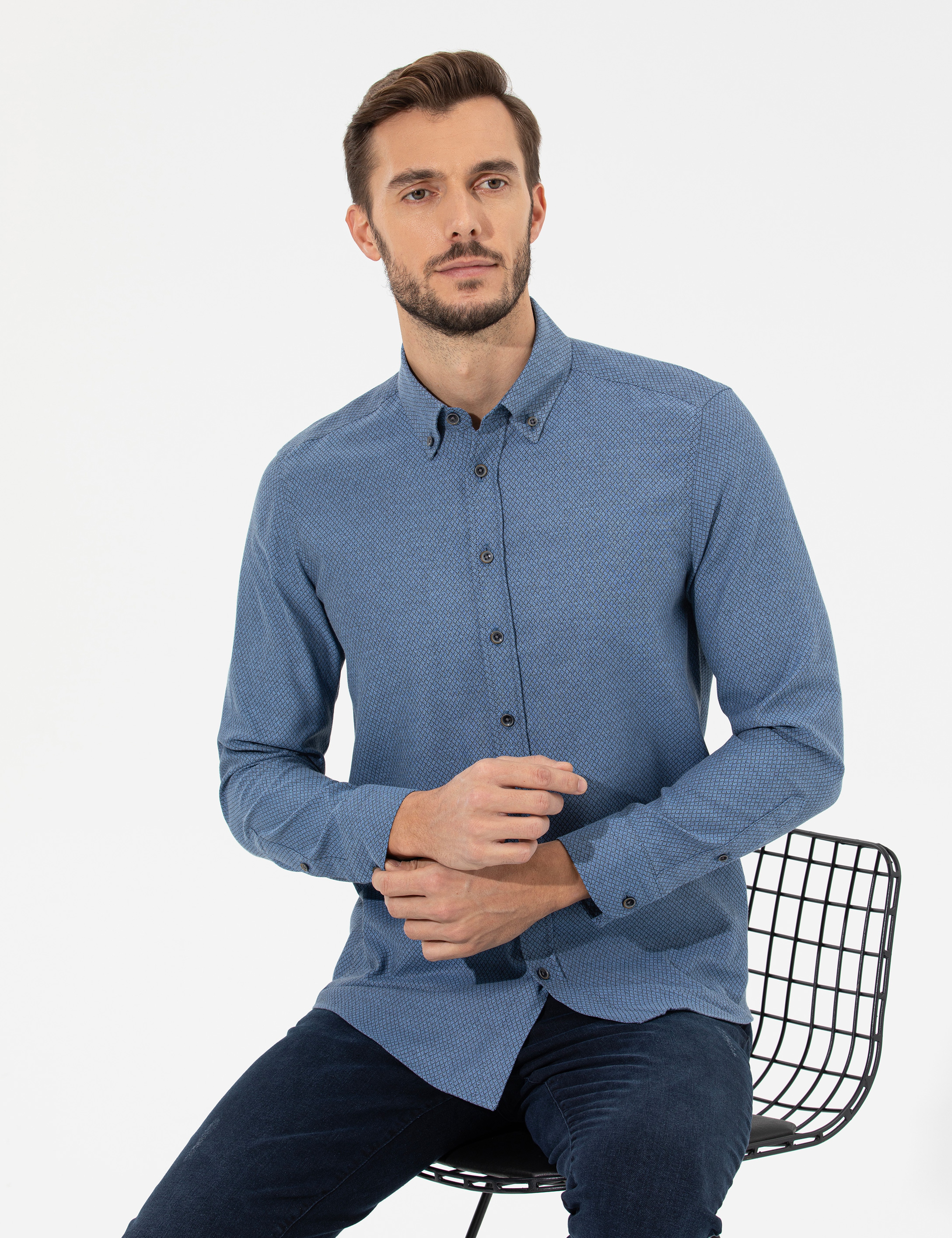Lacivert Slim Fit Uzun Kollu Gömlek