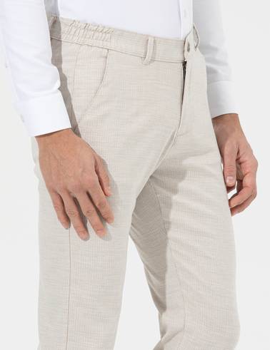 Bej Slim Fit Beli Lastikli Kanvas Pantolon