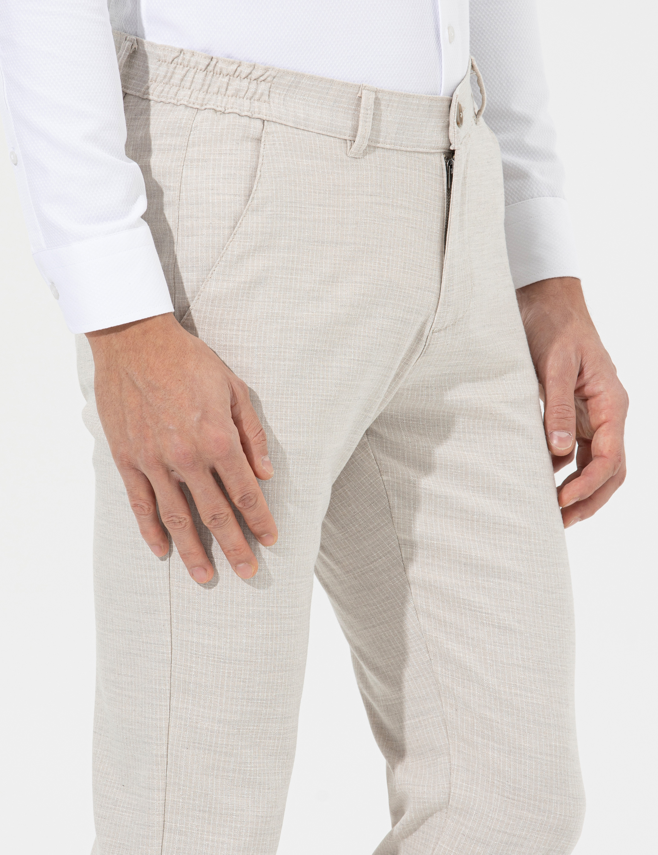 Bej Slim Fit Beli Lastikli Kanvas Pantolon