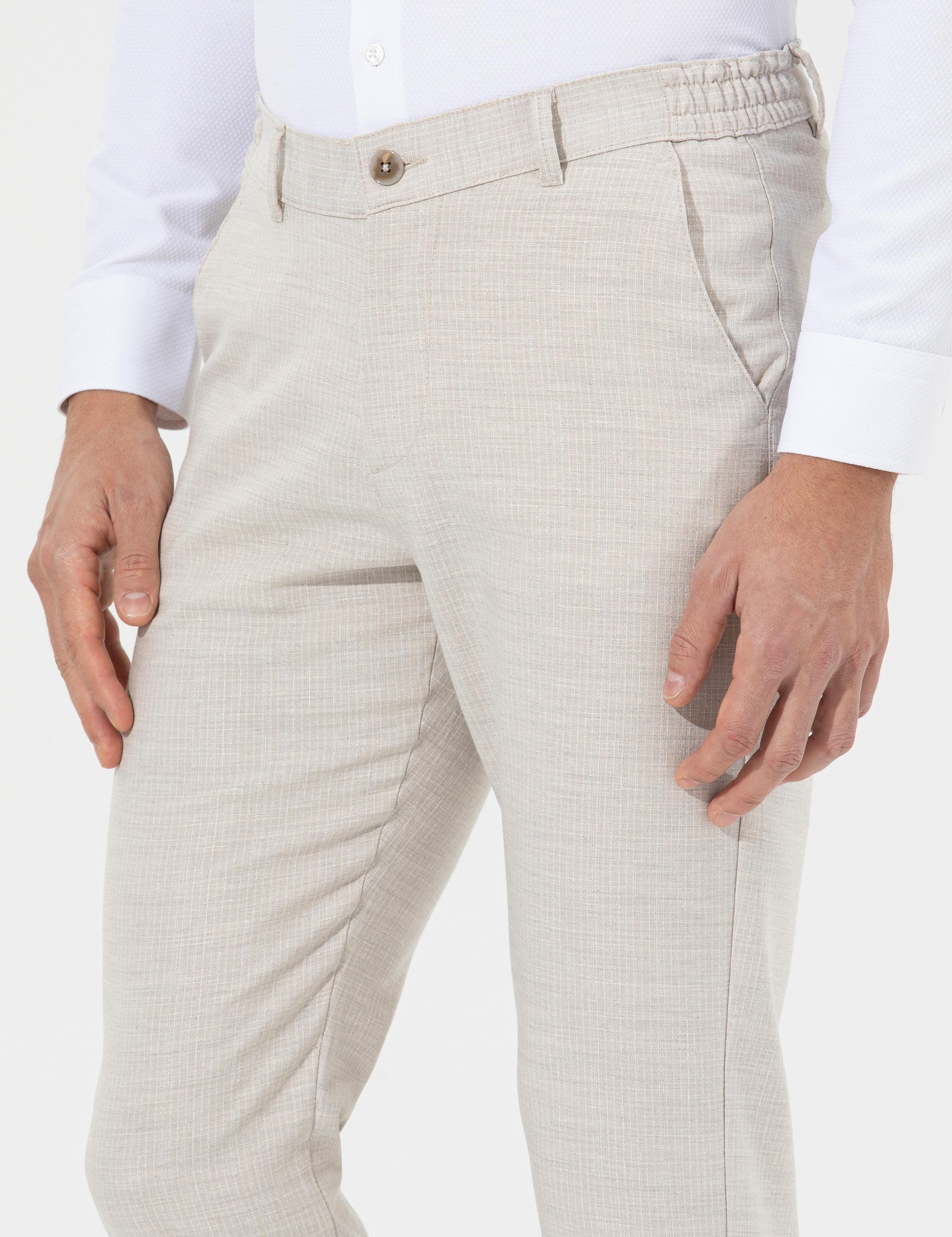 Bej Slim Fit Beli Lastikli Kanvas Pantolon