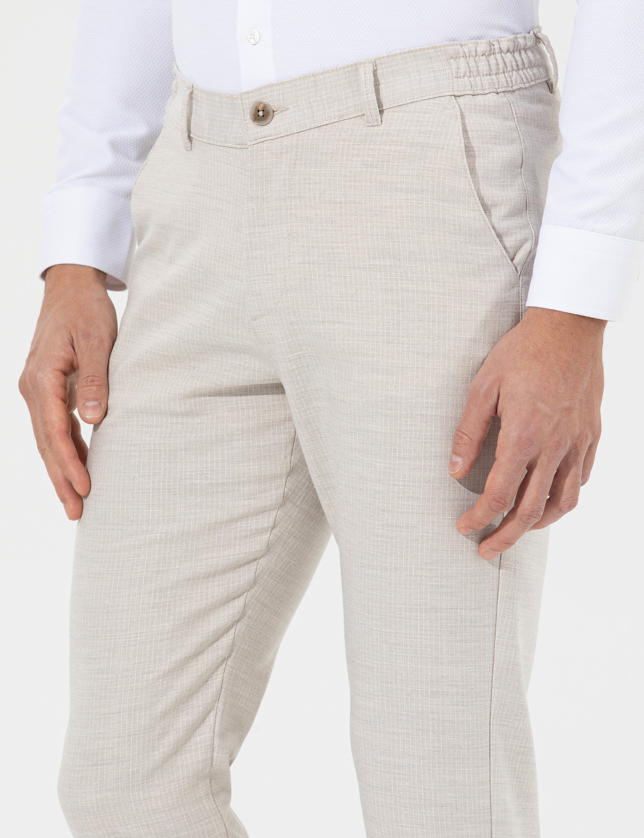 Bej Slim Fit Beli Lastikli Kanvas Pantolon - Image 2