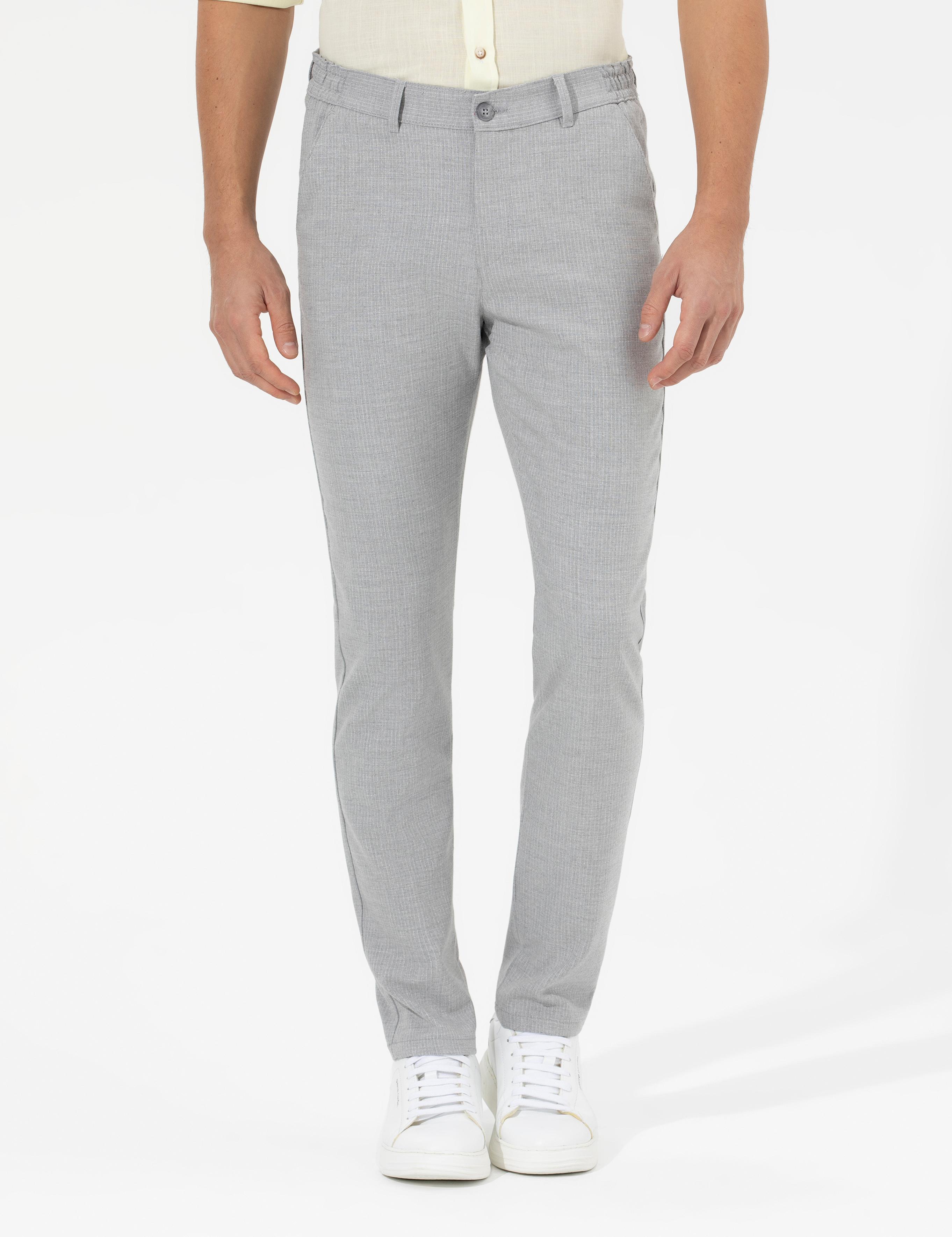 Gri Slim Fit Beli Lastikli Kanvas Pantolon