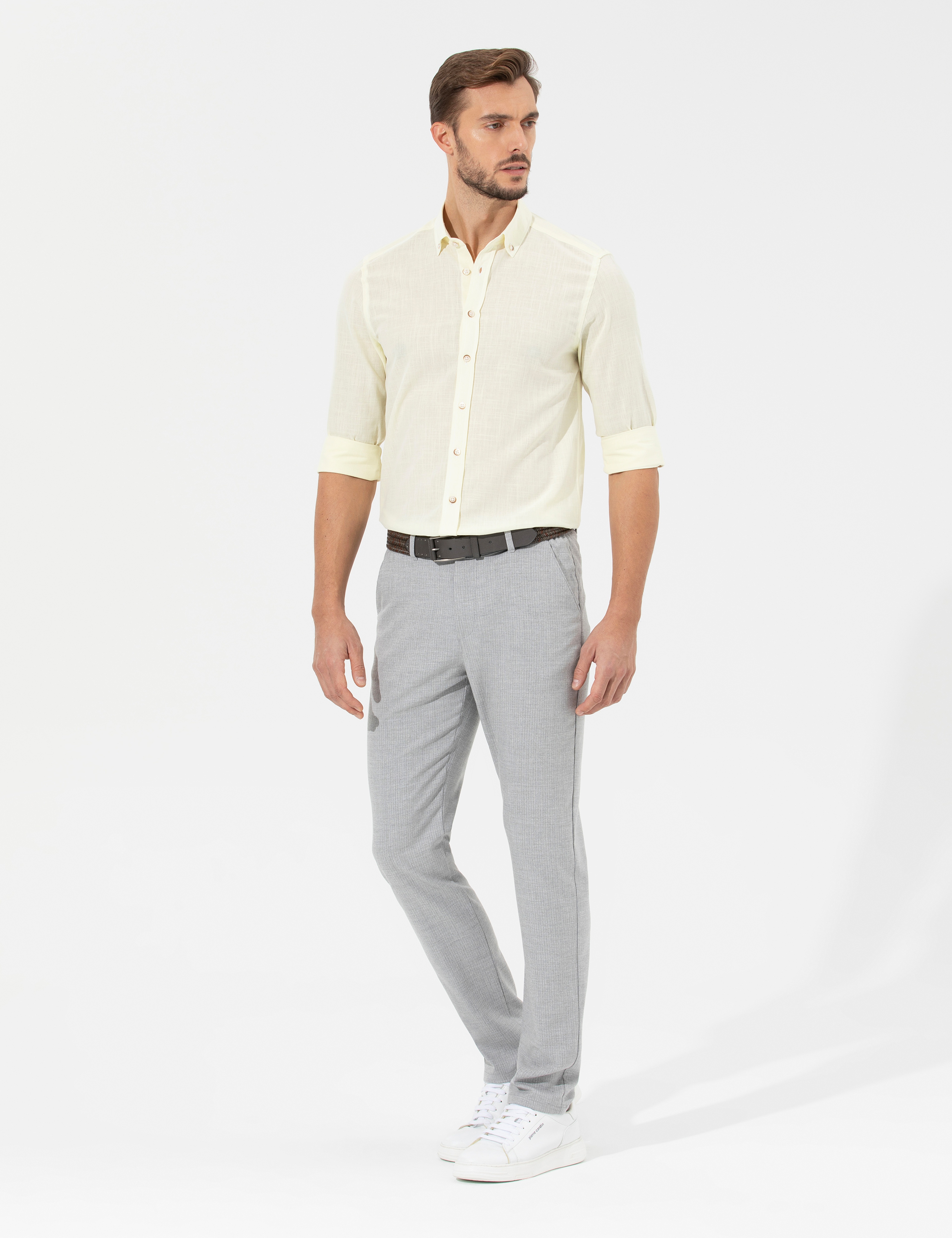 Gri Slim Fit Beli Lastikli Kanvas Pantolon - Image 3