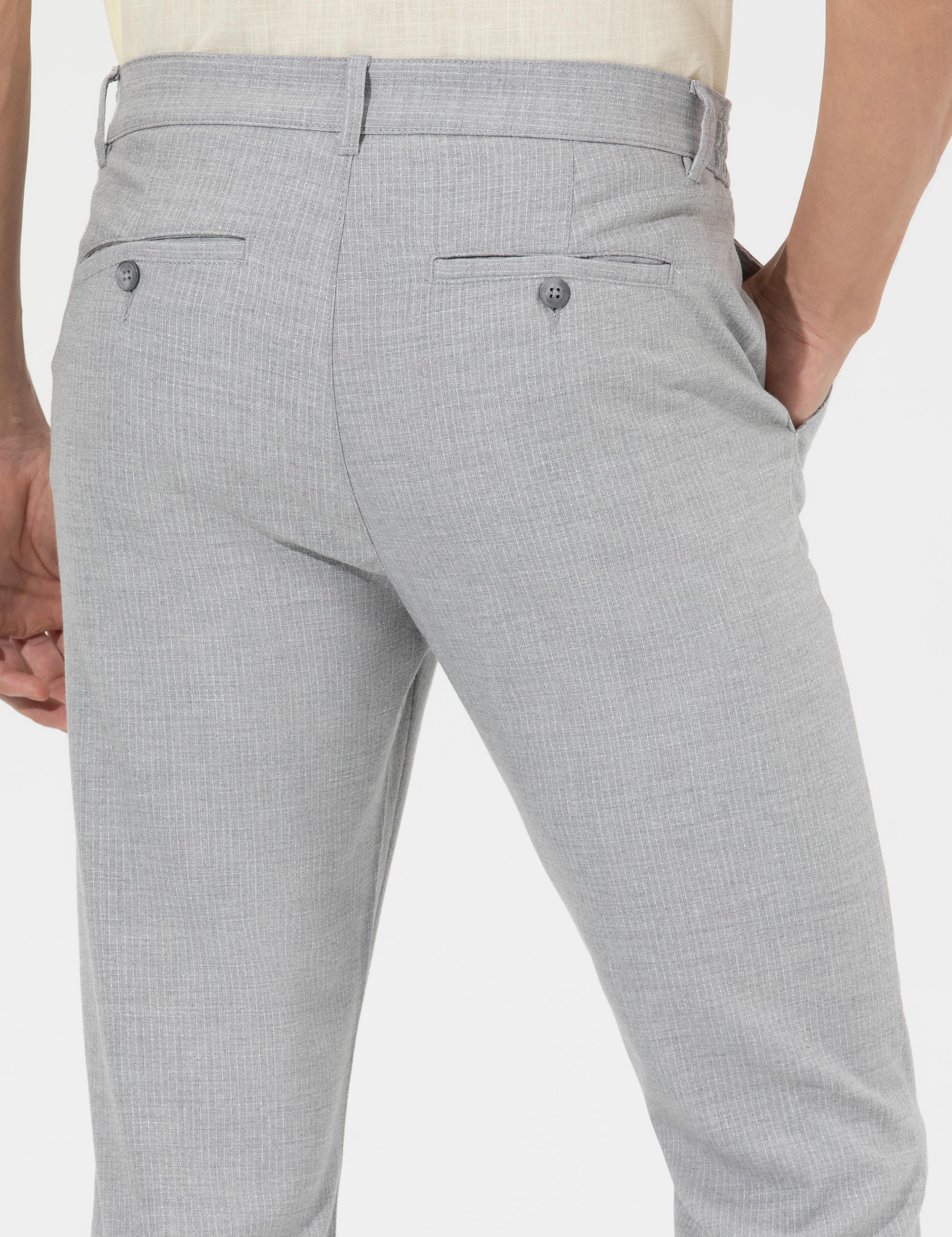 Gri Slim Fit Beli Lastikli Kanvas Pantolon