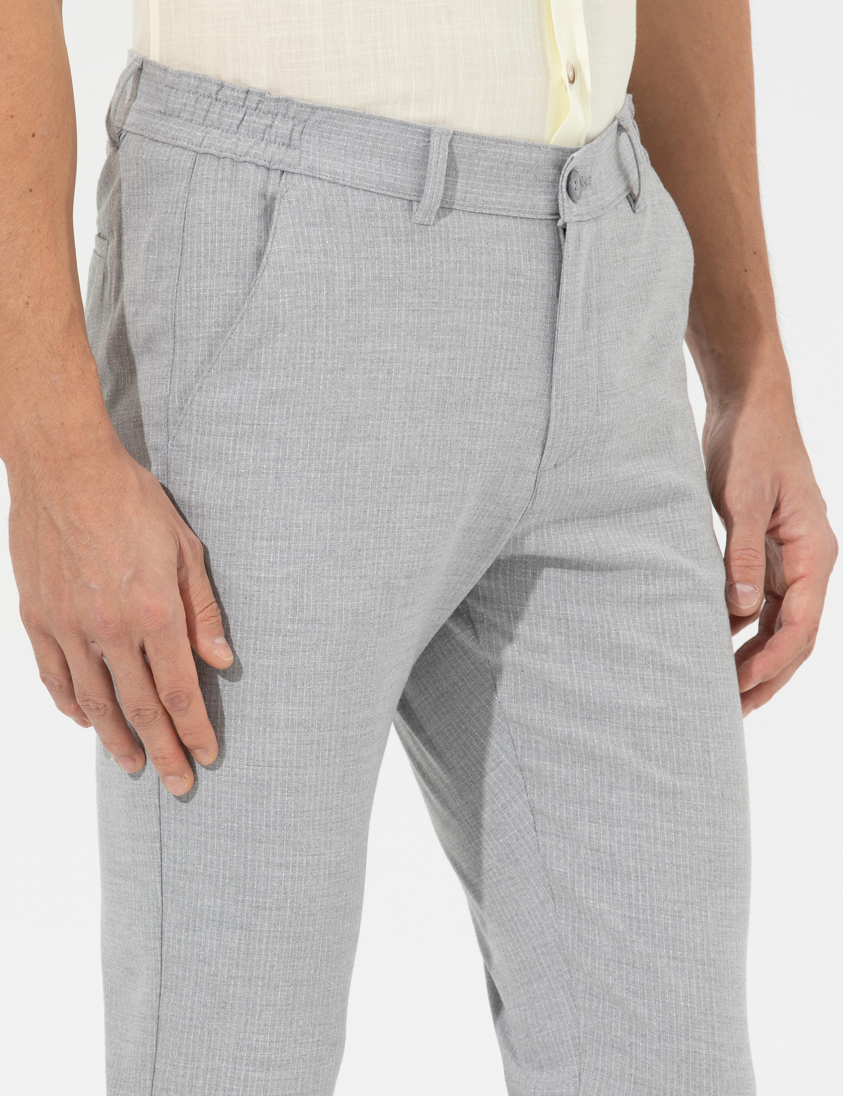 Gri Slim Fit Beli Lastikli Kanvas Pantolon