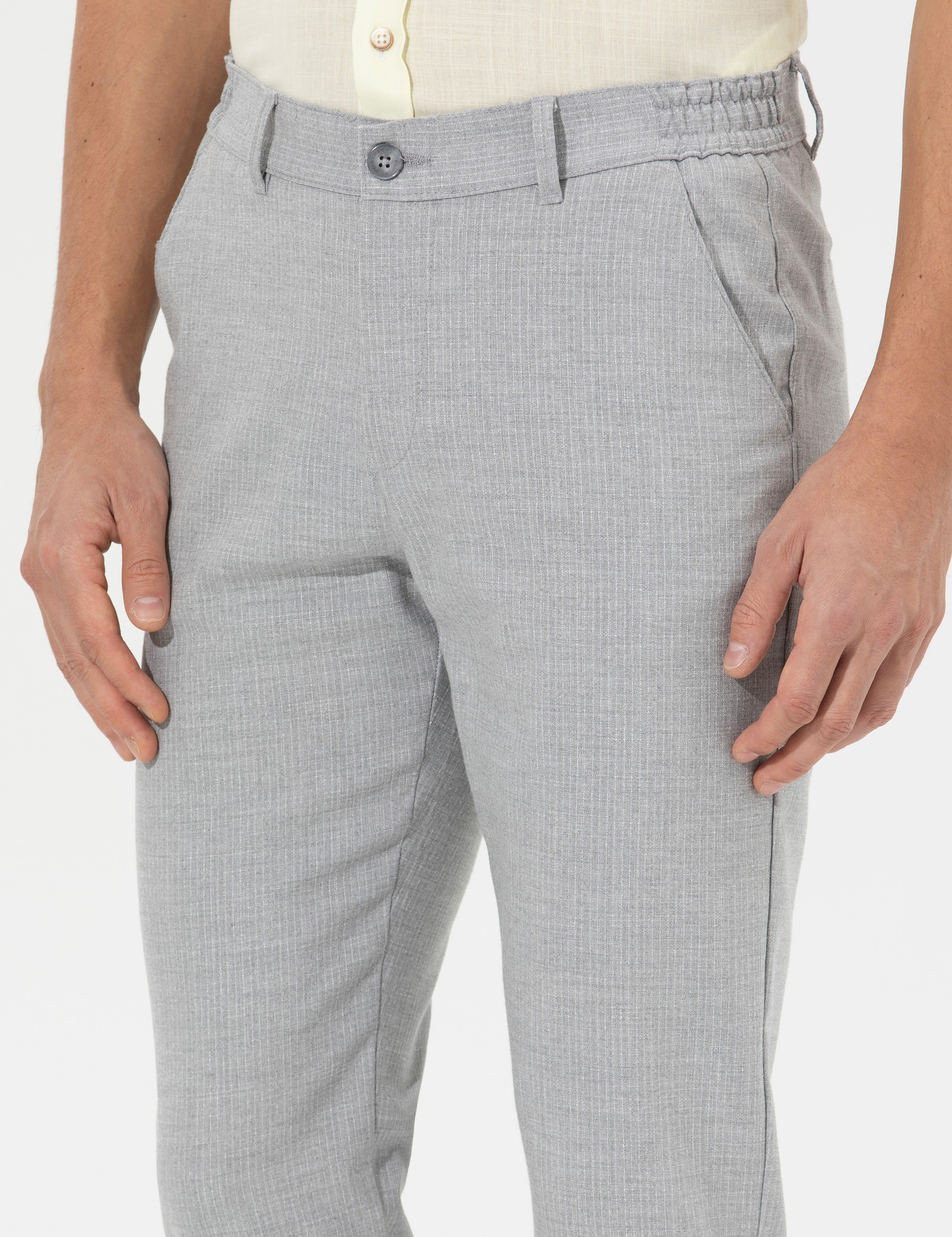 Gri Slim Fit Beli Lastikli Kanvas Pantolon - Image 5