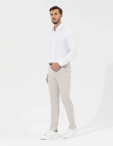 Bej Slim Fit Beli Lastikli Kanvas Pantolon