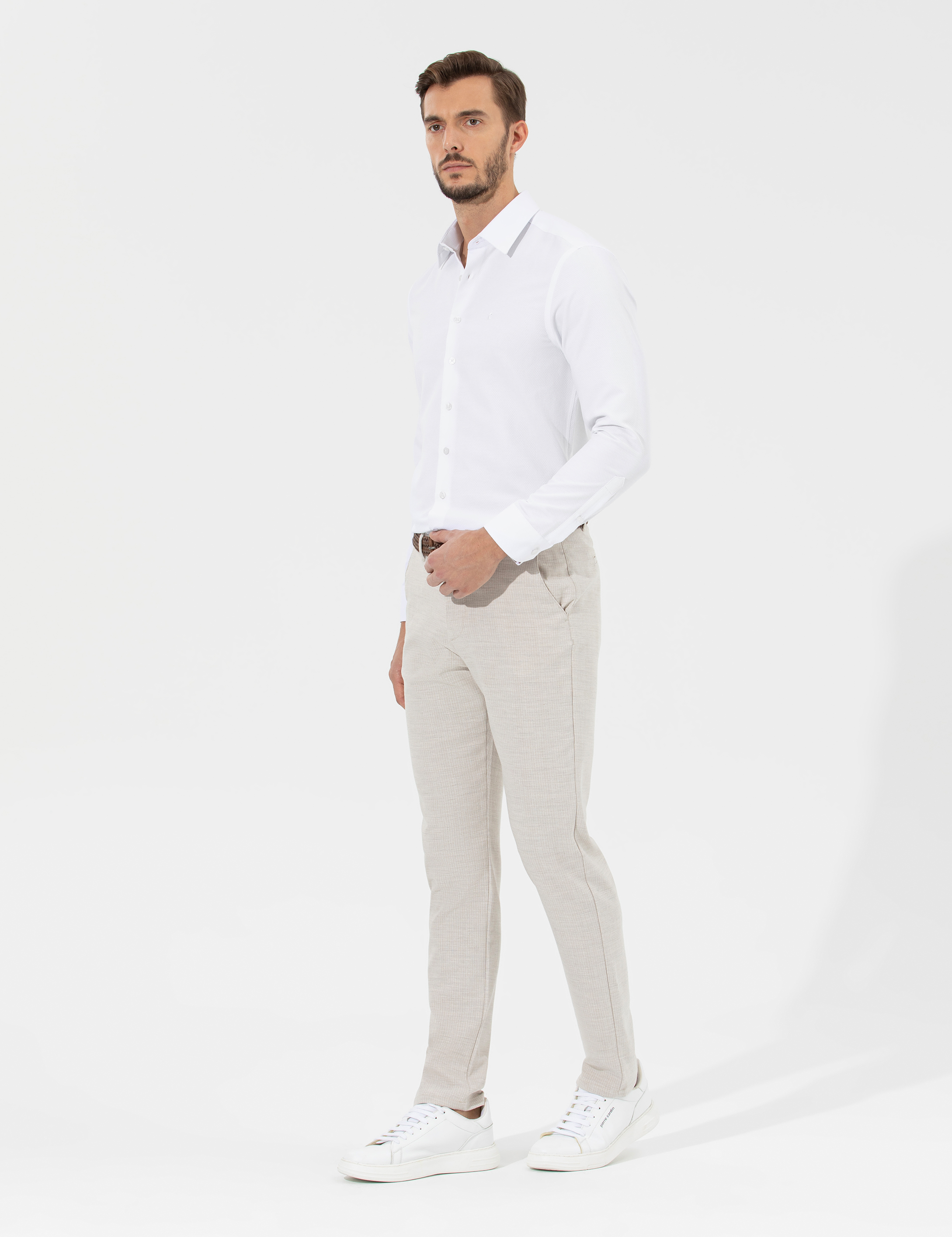 Bej Slim Fit Beli Lastikli Kanvas Pantolon - Image 5