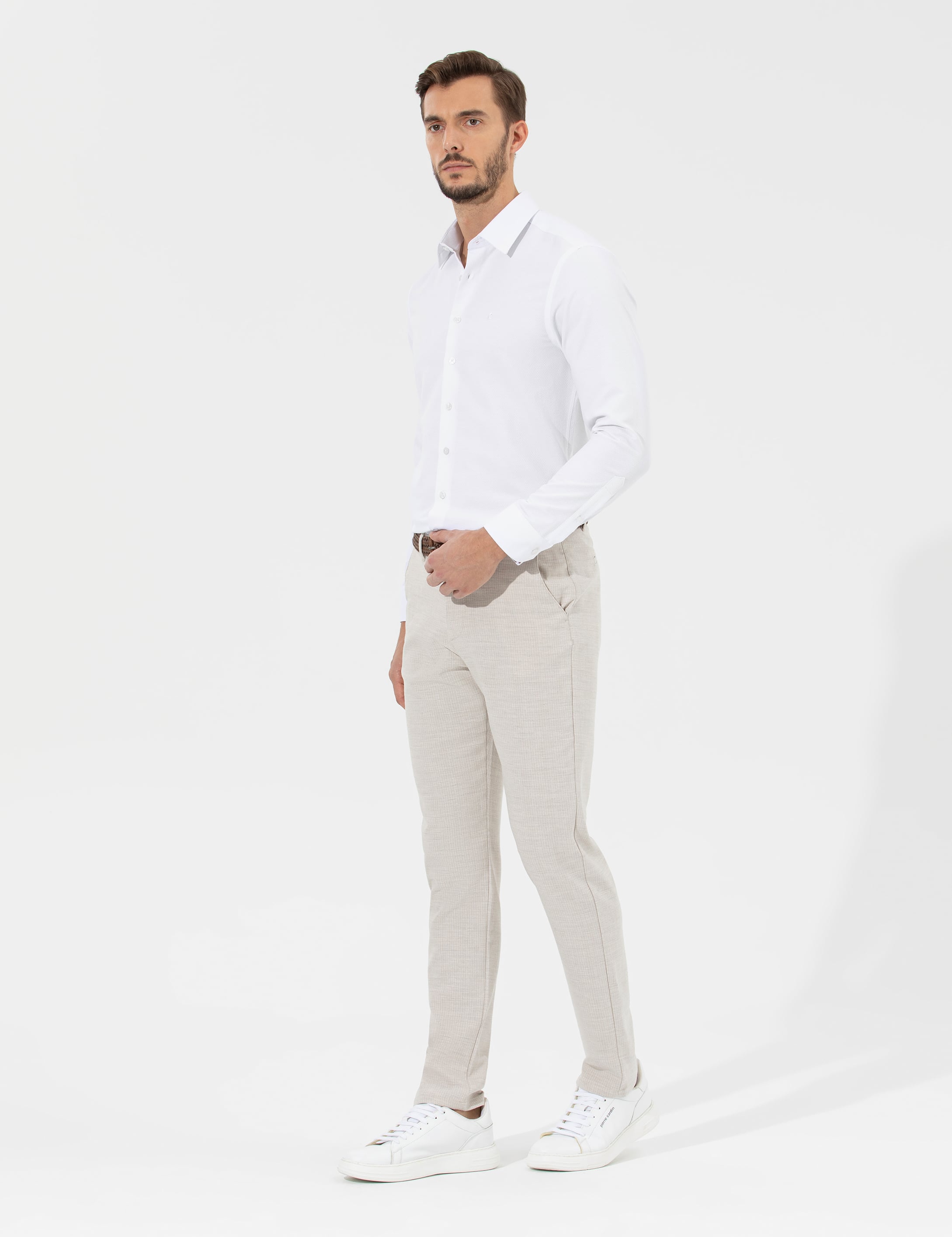 Bej Slim Fit Beli Lastikli Kanvas Pantolon