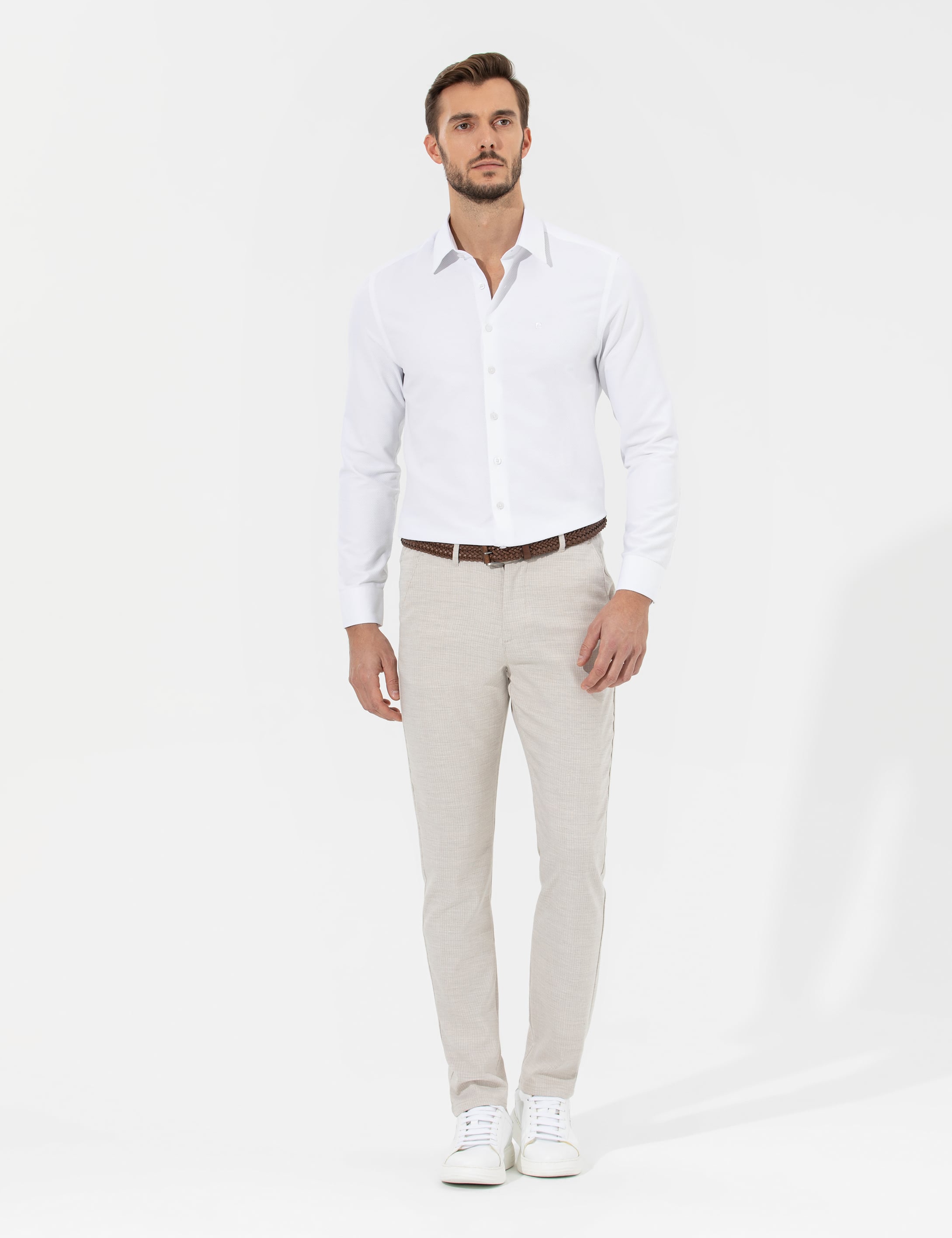 Bej Slim Fit Beli Lastikli Kanvas Pantolon - Image 1