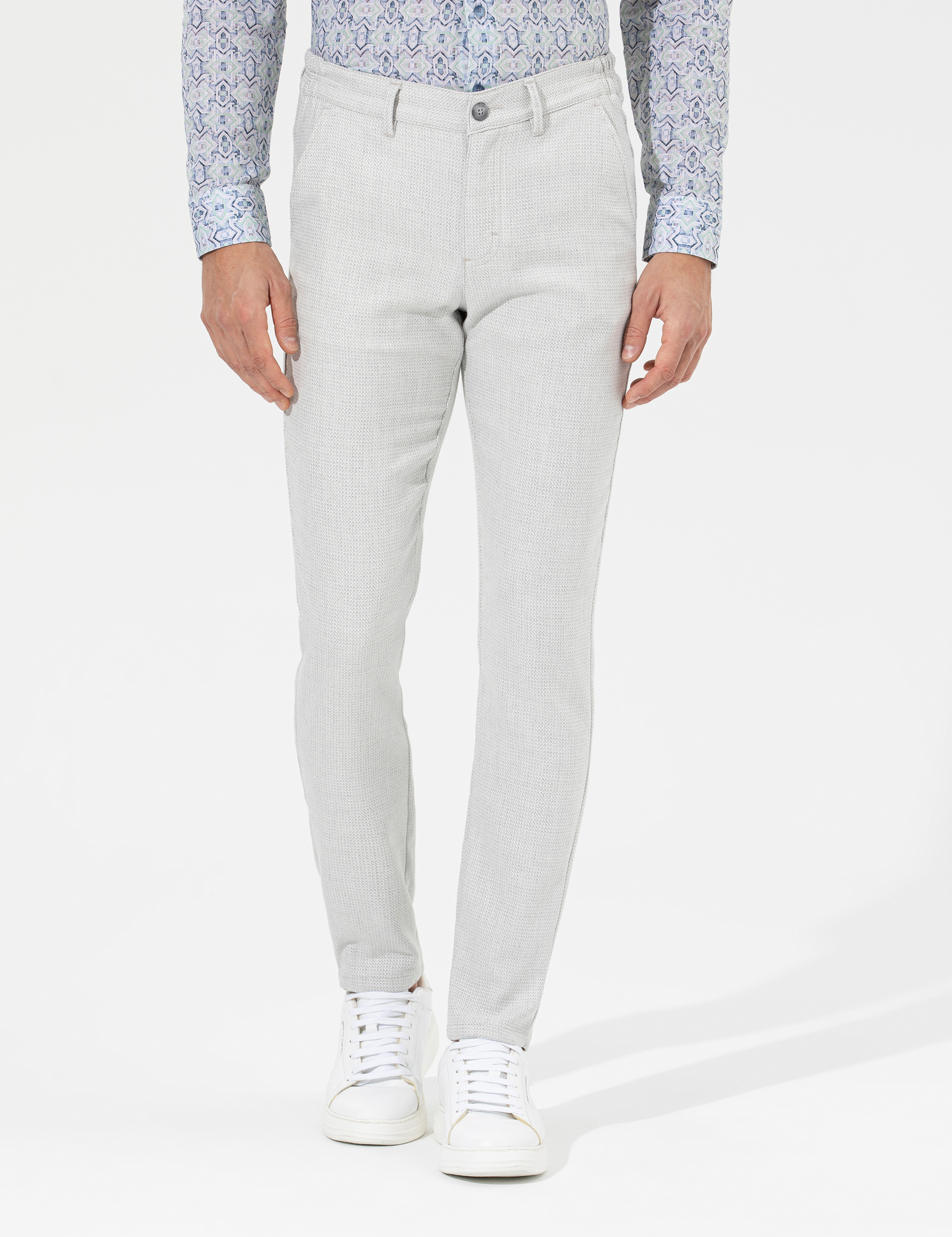 Gri Slim Fit Beli Lastikli Kanvas Pantolon - Image 4