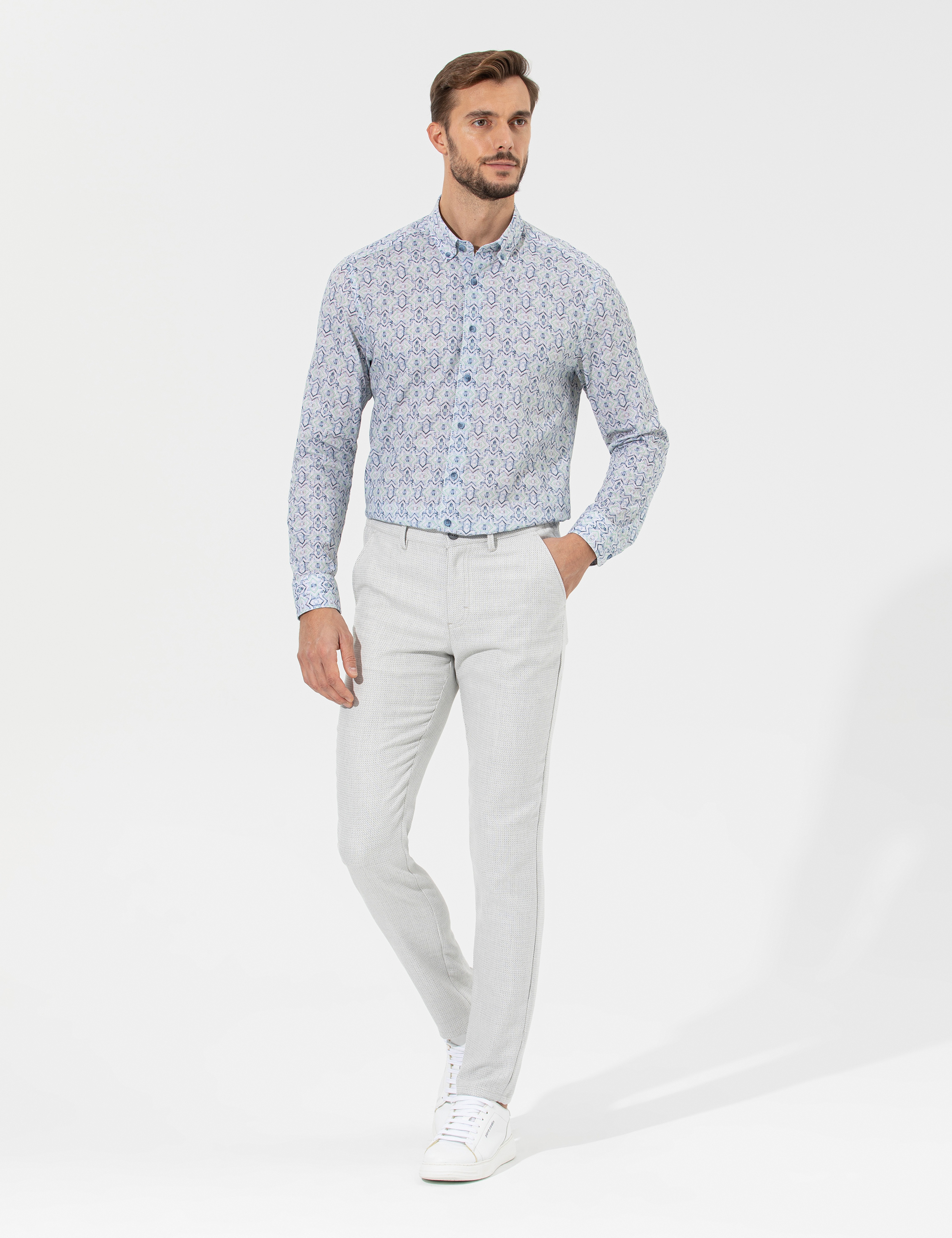 Gri Slim Fit Beli Lastikli Kanvas Pantolon - Image 5