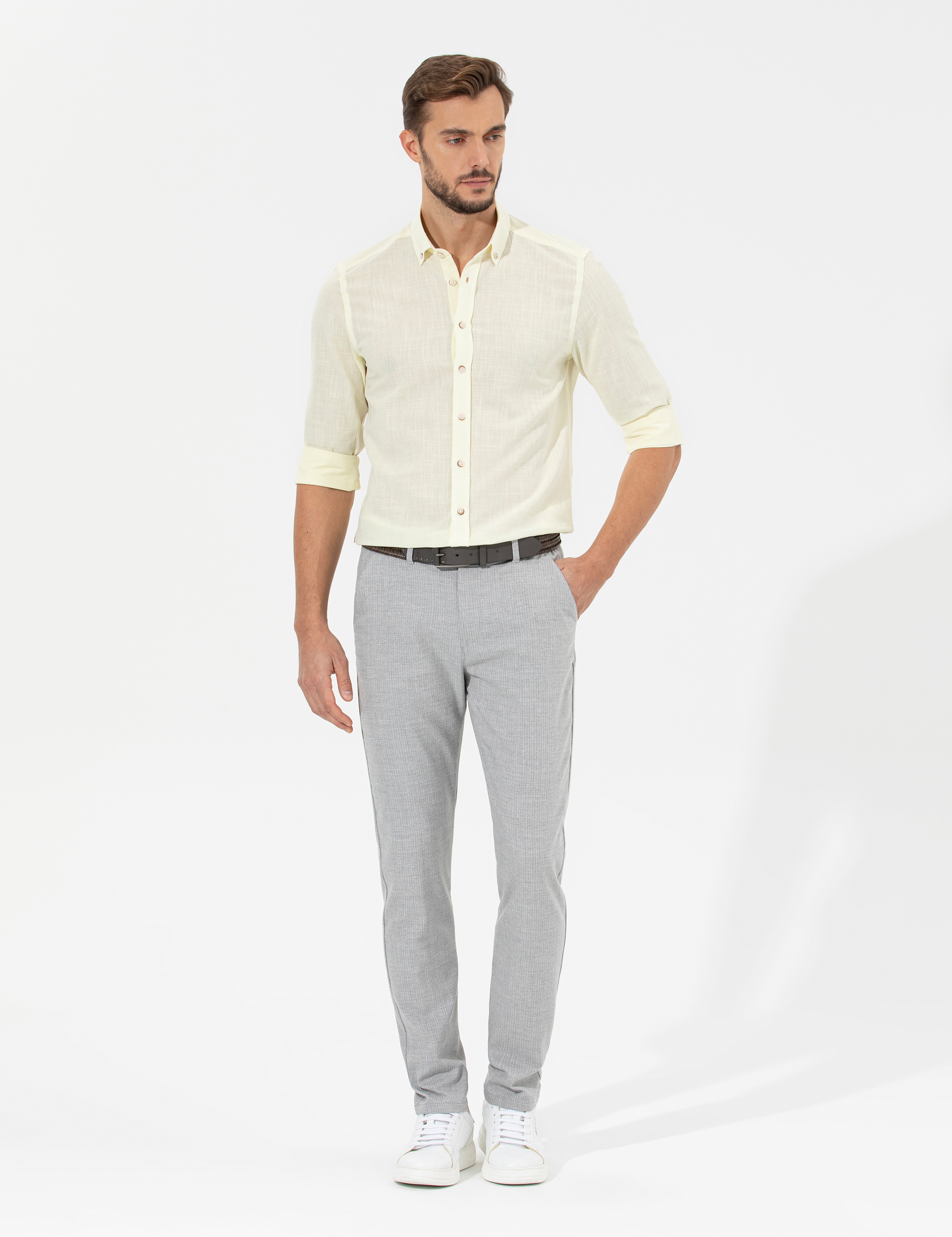 Gri Slim Fit Beli Lastikli Kanvas Pantolon - Image 1