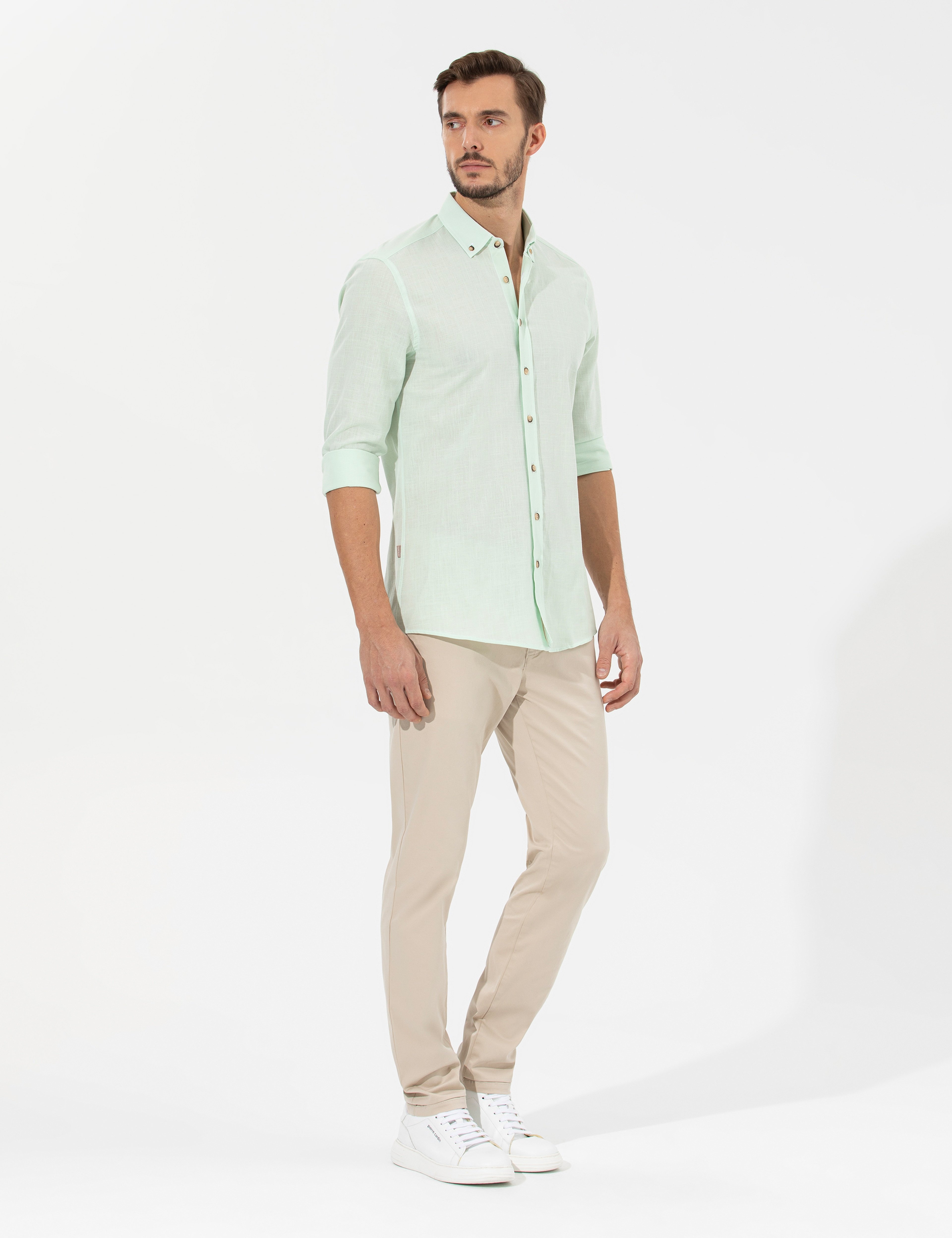 Yeşil Slim Fit Uzun Kollu Gömlek