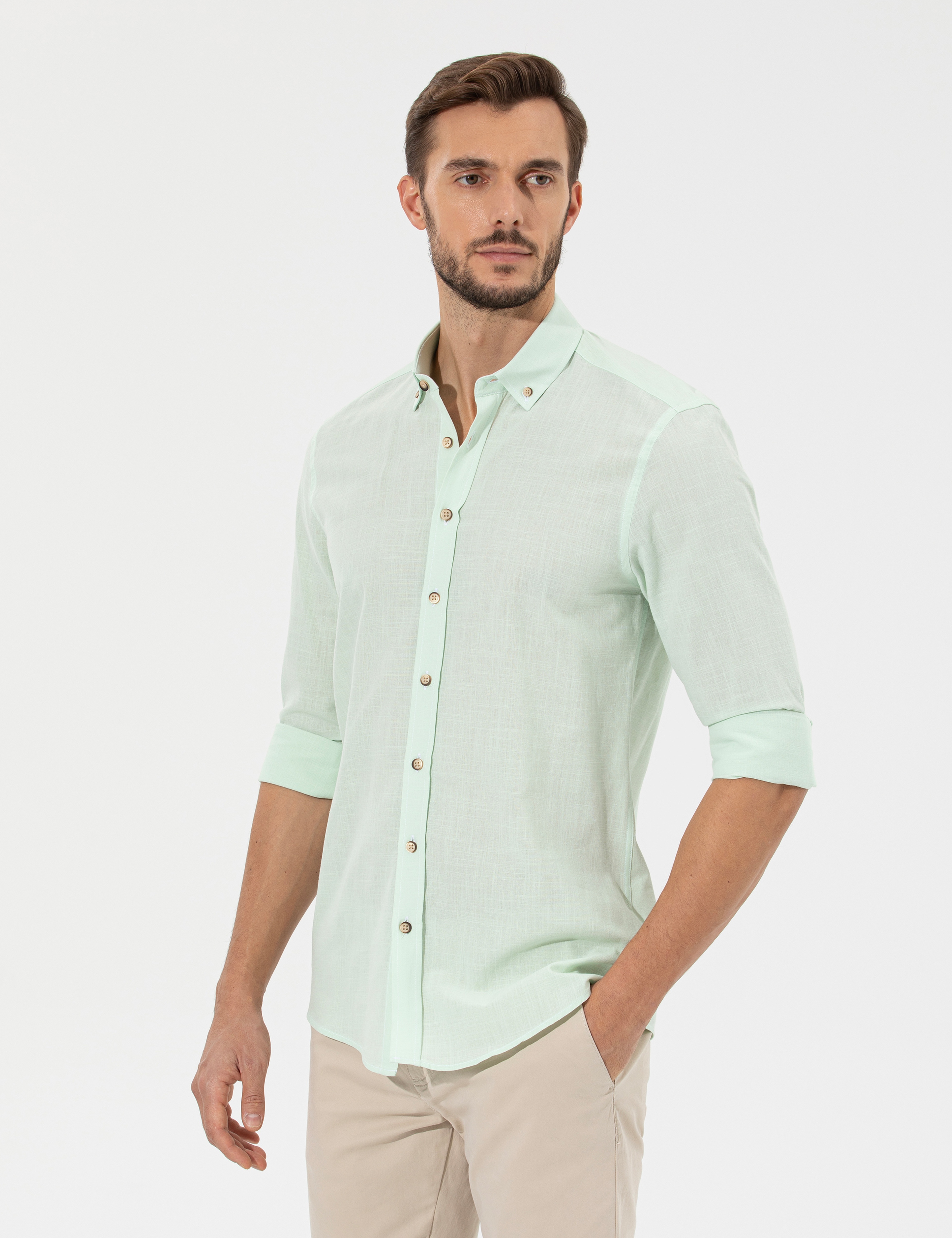 Yeşil Slim Fit Uzun Kollu Gömlek - Image 3